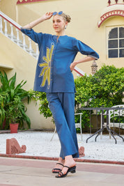 Teal Blue Half-Flower Embroidered Co-ord Set in Cotton Poplin