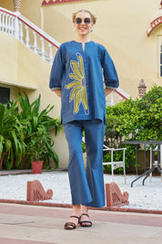 Teal Blue Half-Flower Embroidered Co-ord Set in Cotton Poplin