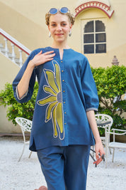 Teal Blue Half-Flower Embroidered Co-ord Set in Cotton Poplin