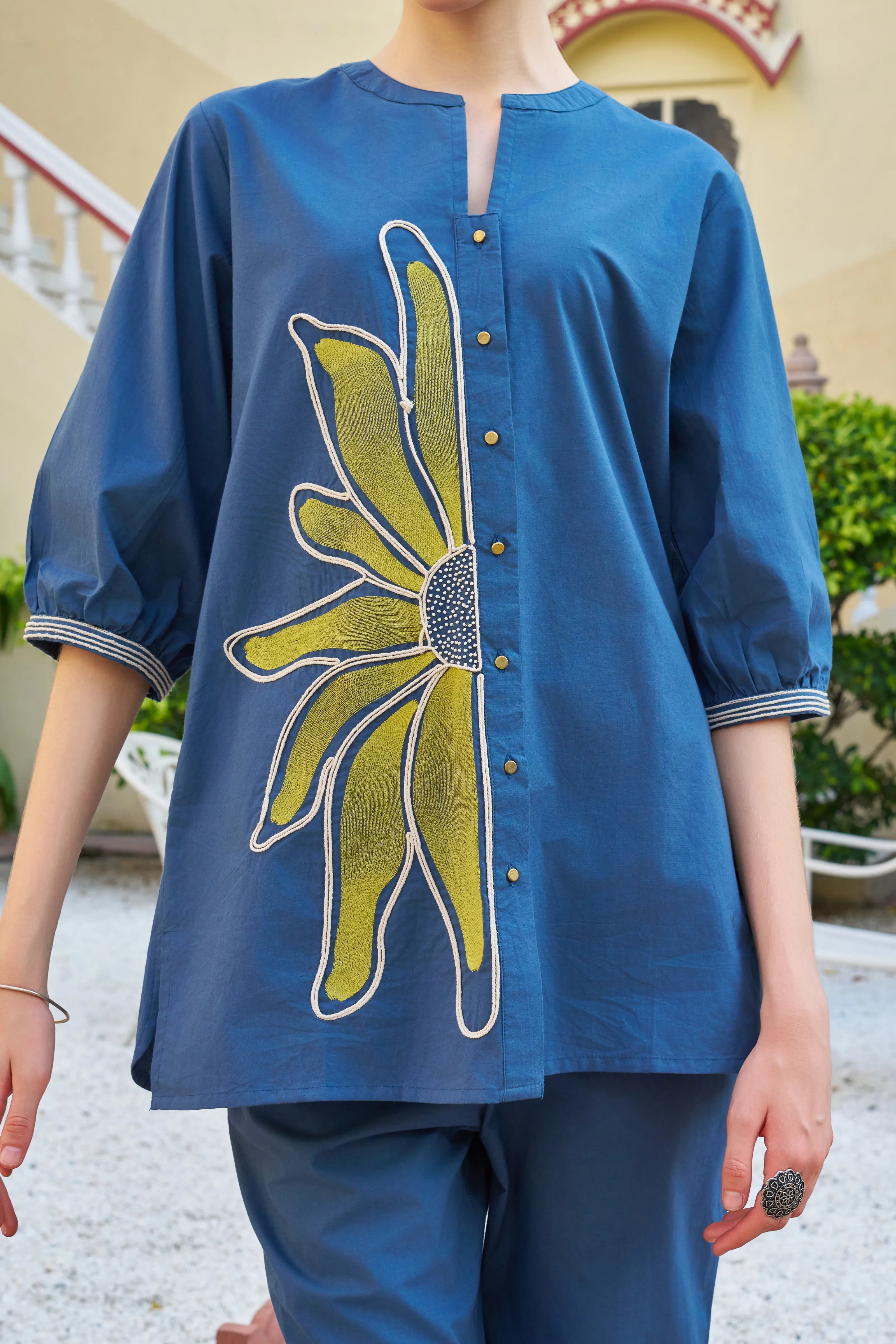 Teal Blue Half-Flower Embroidered Co-ord Set in Cotton Poplin