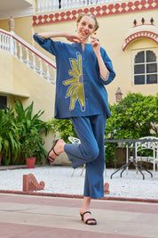 Teal Blue Half-Flower Embroidered Co-ord Set in Cotton Poplin