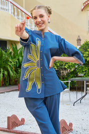 Teal Blue Half-Flower Embroidered Co-ord Set in Cotton Poplin