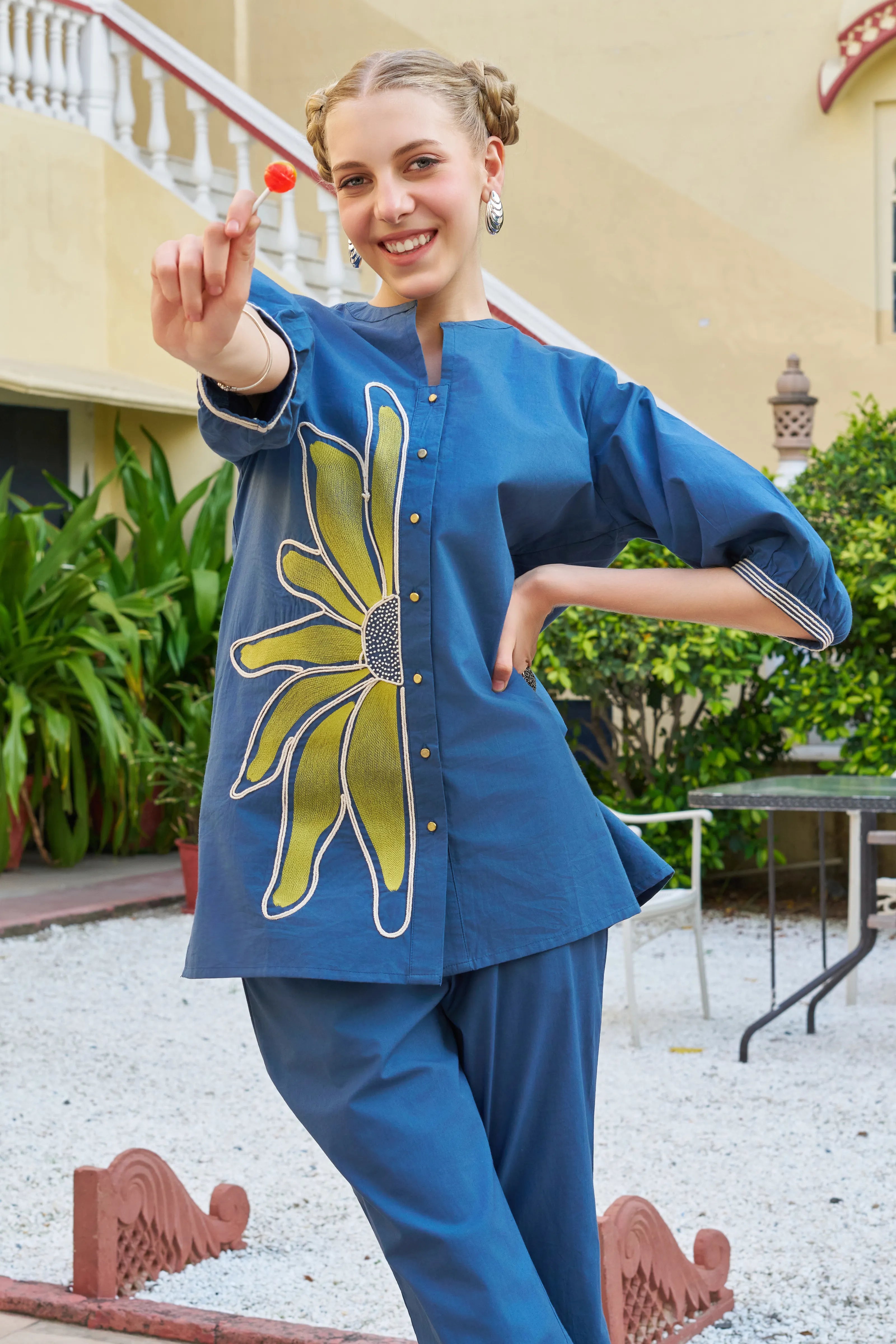 Teal Blue Half-Flower Embroidered Co-ord Set in Cotton Poplin