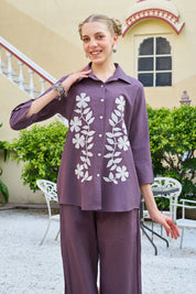 Dusty Mauve Floral Embroidered Cotton Co-ord Set