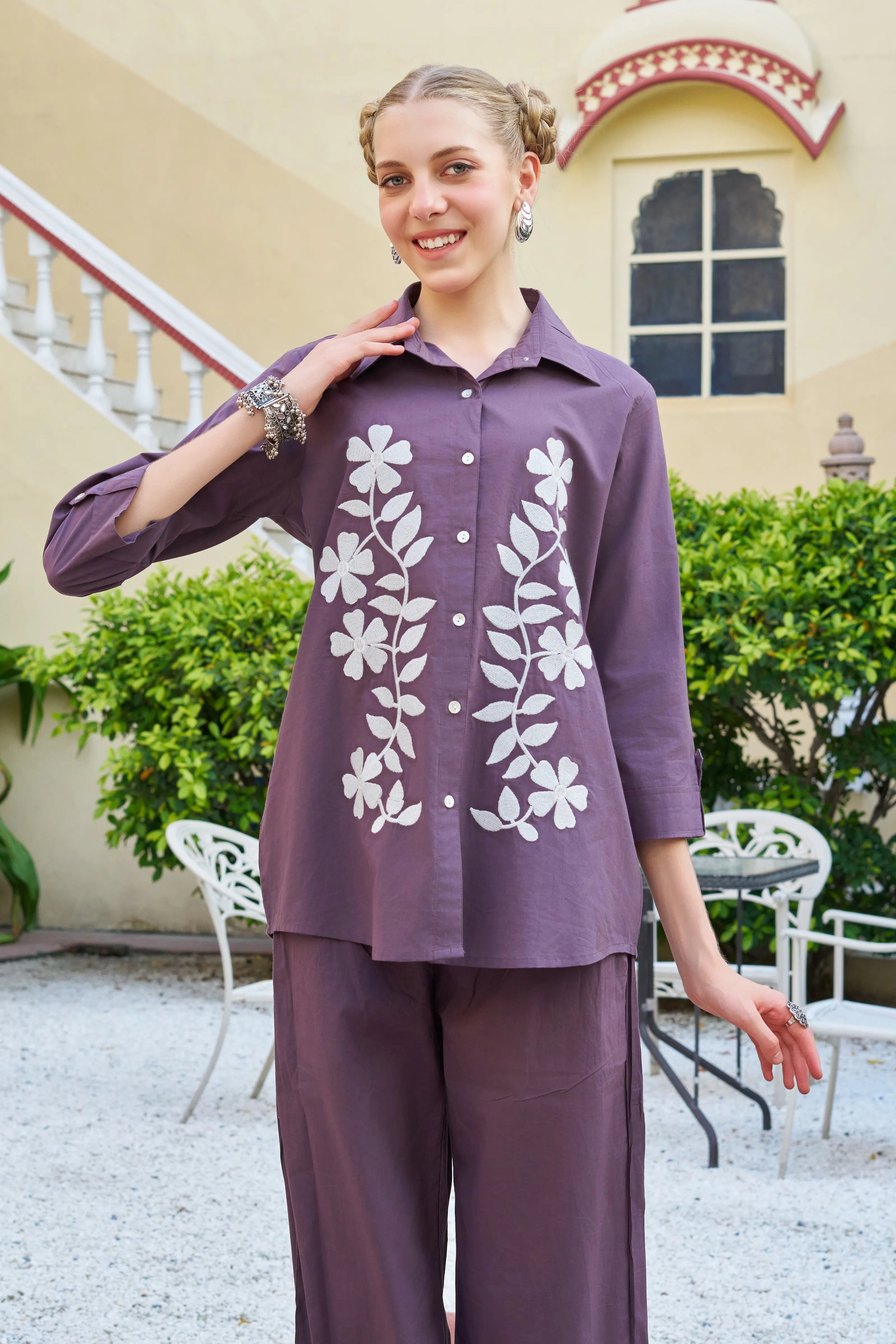 Dusty Mauve Floral Embroidered Cotton Co-ord Set