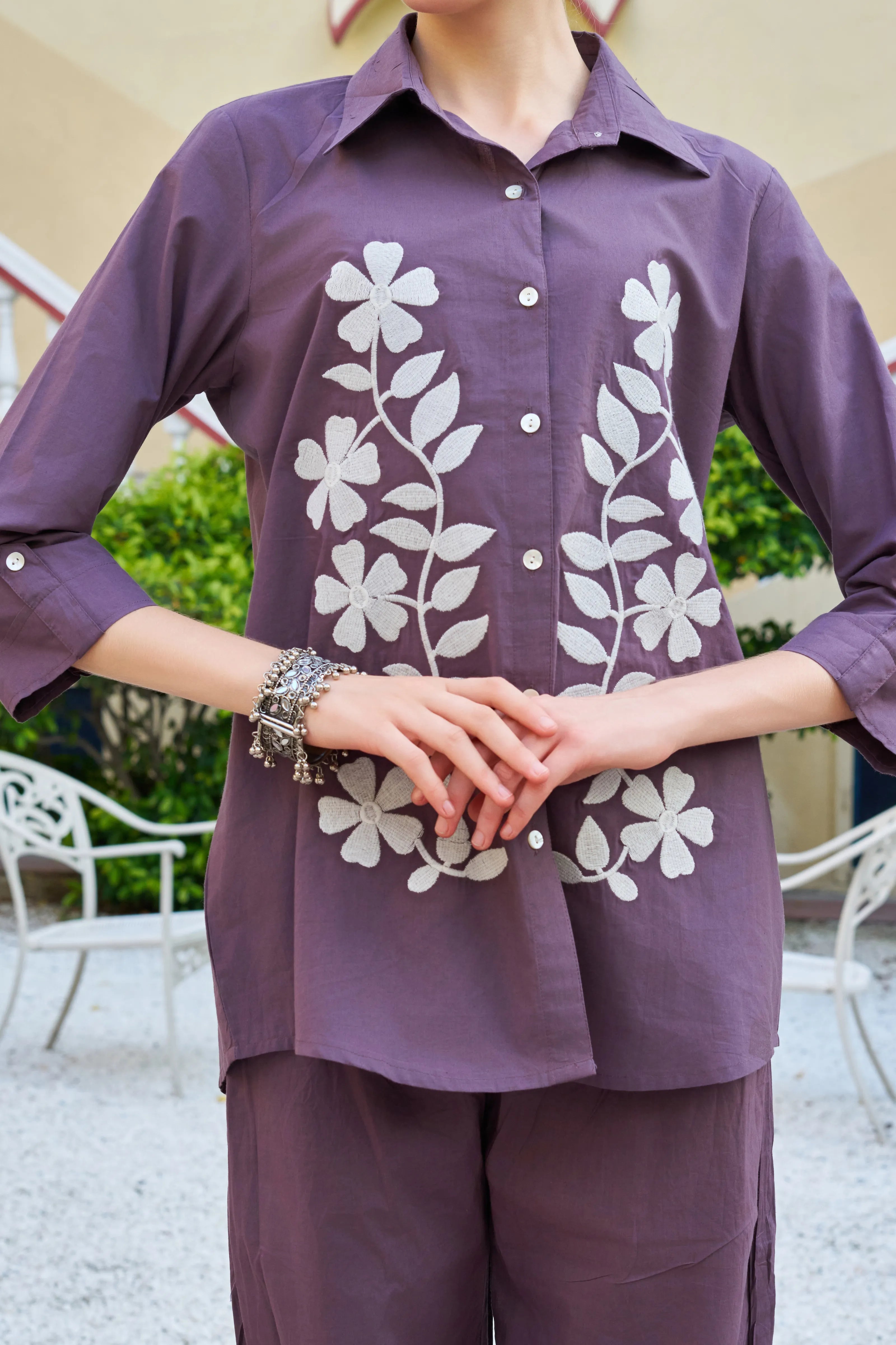 Dusty Mauve Floral Embroidered Cotton Co-ord Set