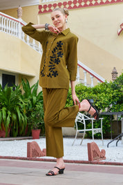 Dark Olive Floral Embroidered Cotton Co-ord Set