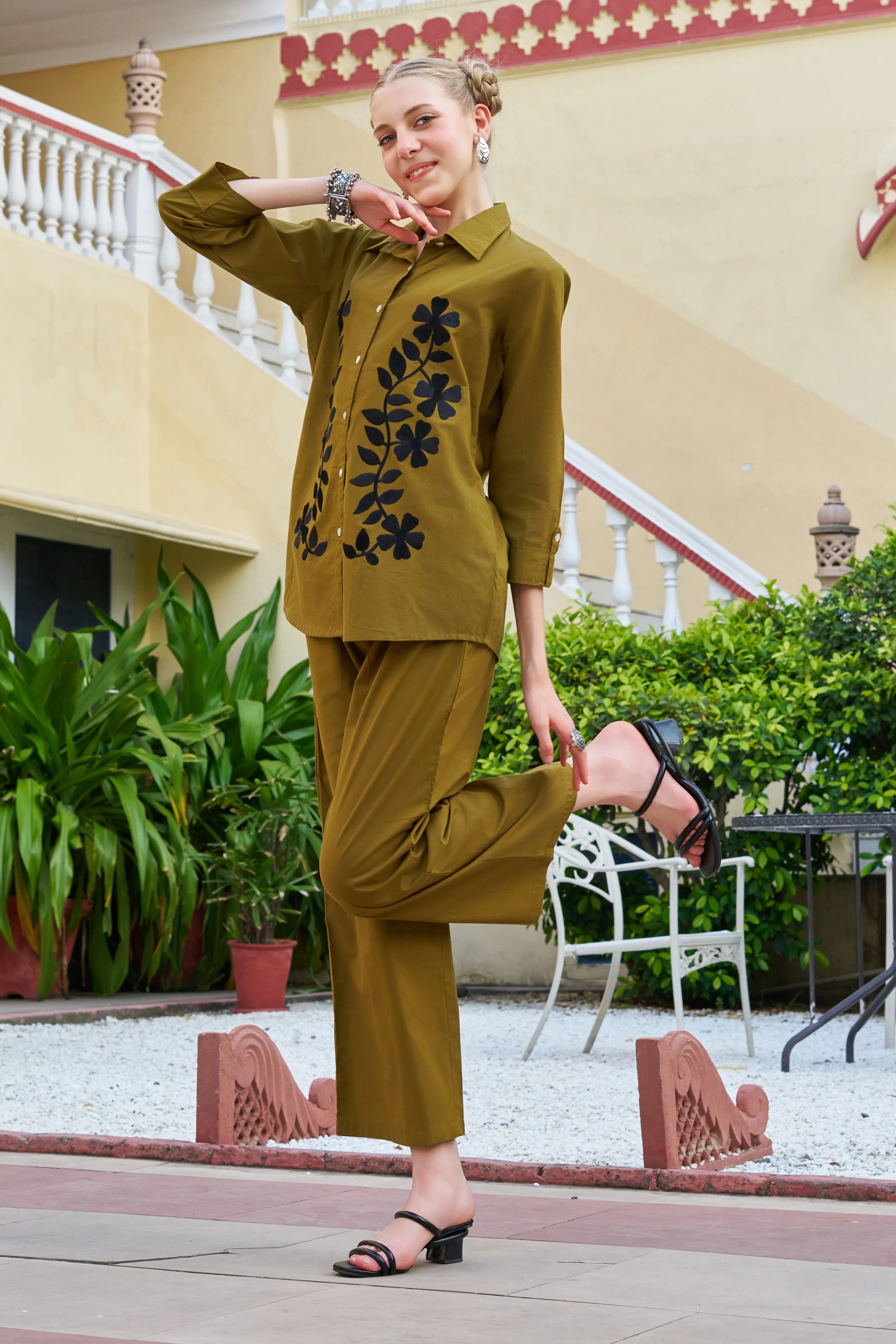 Dark Olive Floral Embroidered Cotton Co-ord Set