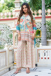 Beige Base Garden Print Viscose Silk Co-ord Set