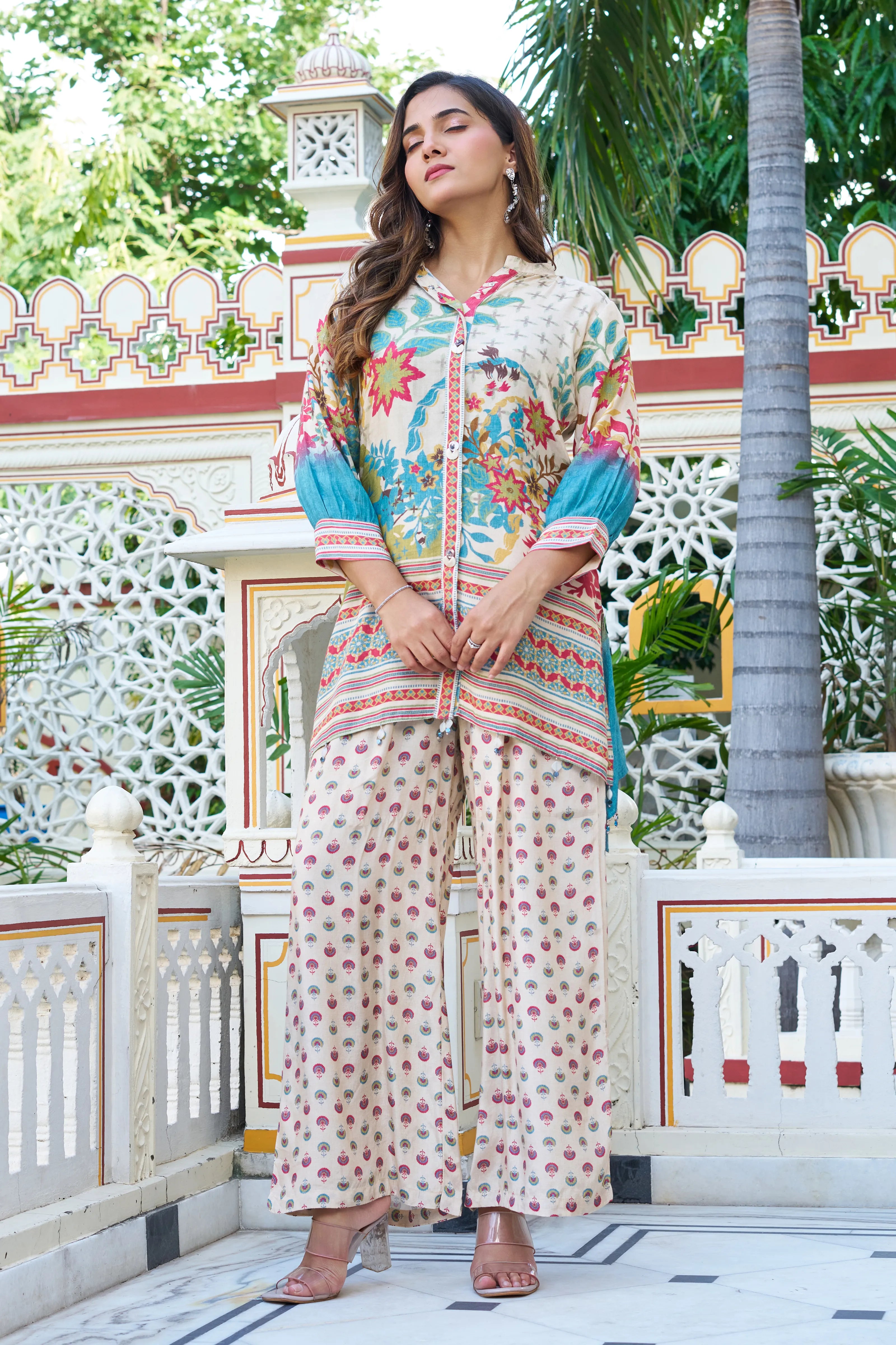 Beige Base Garden Print Viscose Silk Co-ord Set