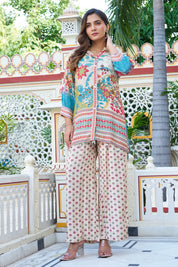 Beige Base Garden Print Viscose Silk Co-ord Set