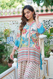 Beige Base Garden Print Viscose Silk Co-ord Set