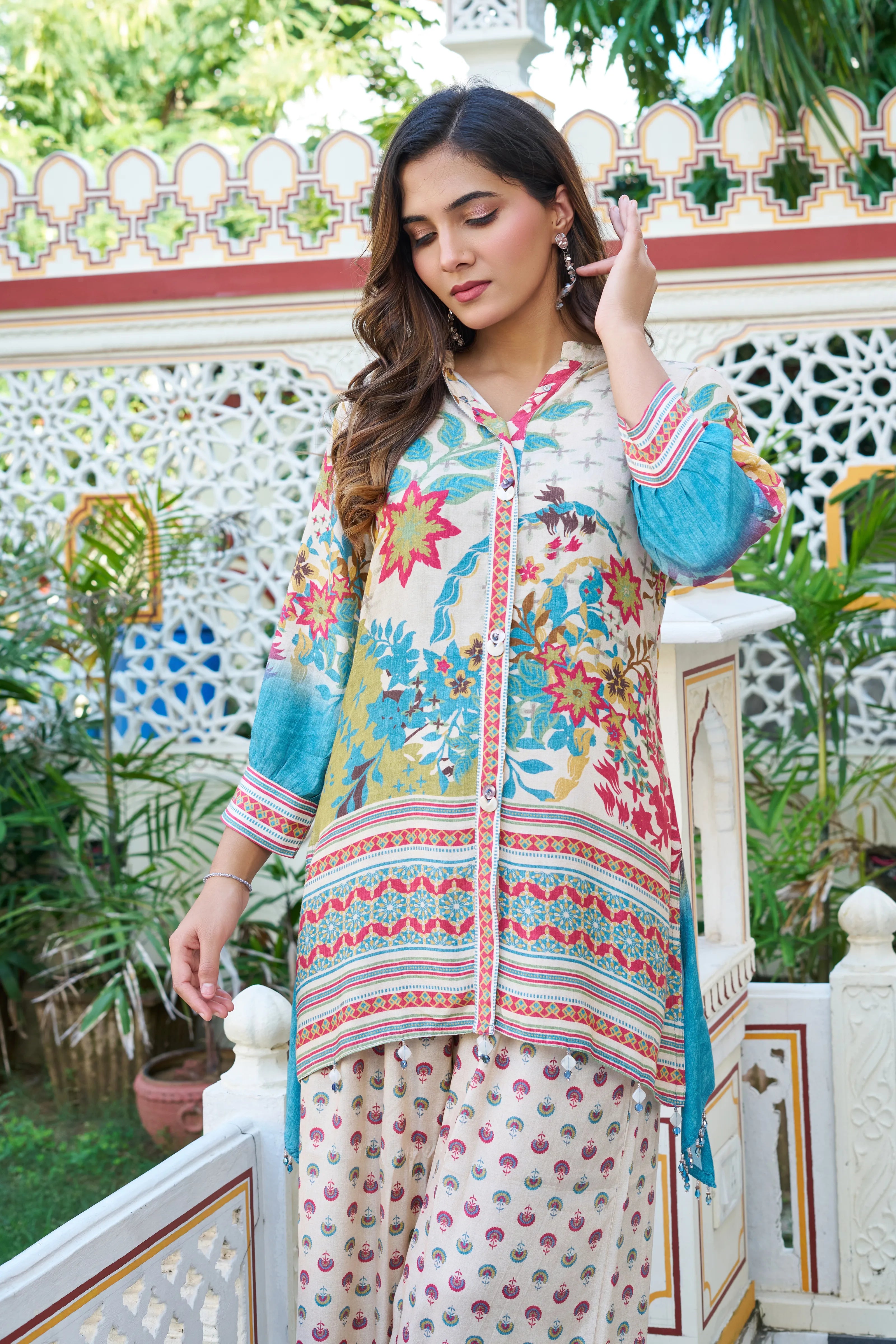 Beige Base Garden Print Viscose Silk Co-ord Set