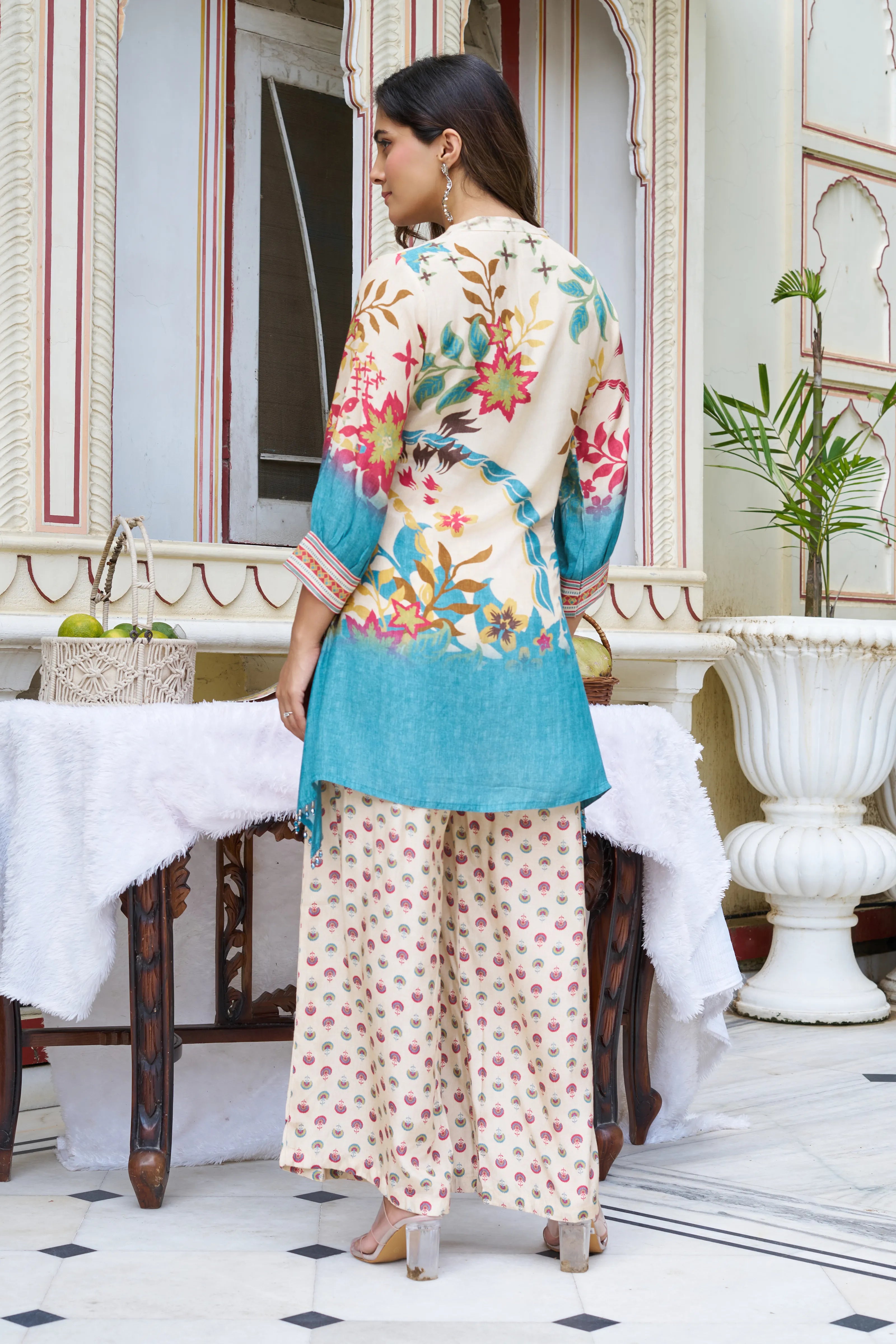 Beige Base Garden Print Viscose Silk Co-ord Set