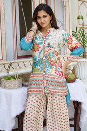 Beige Base Garden Print Viscose Silk Co-ord Set
