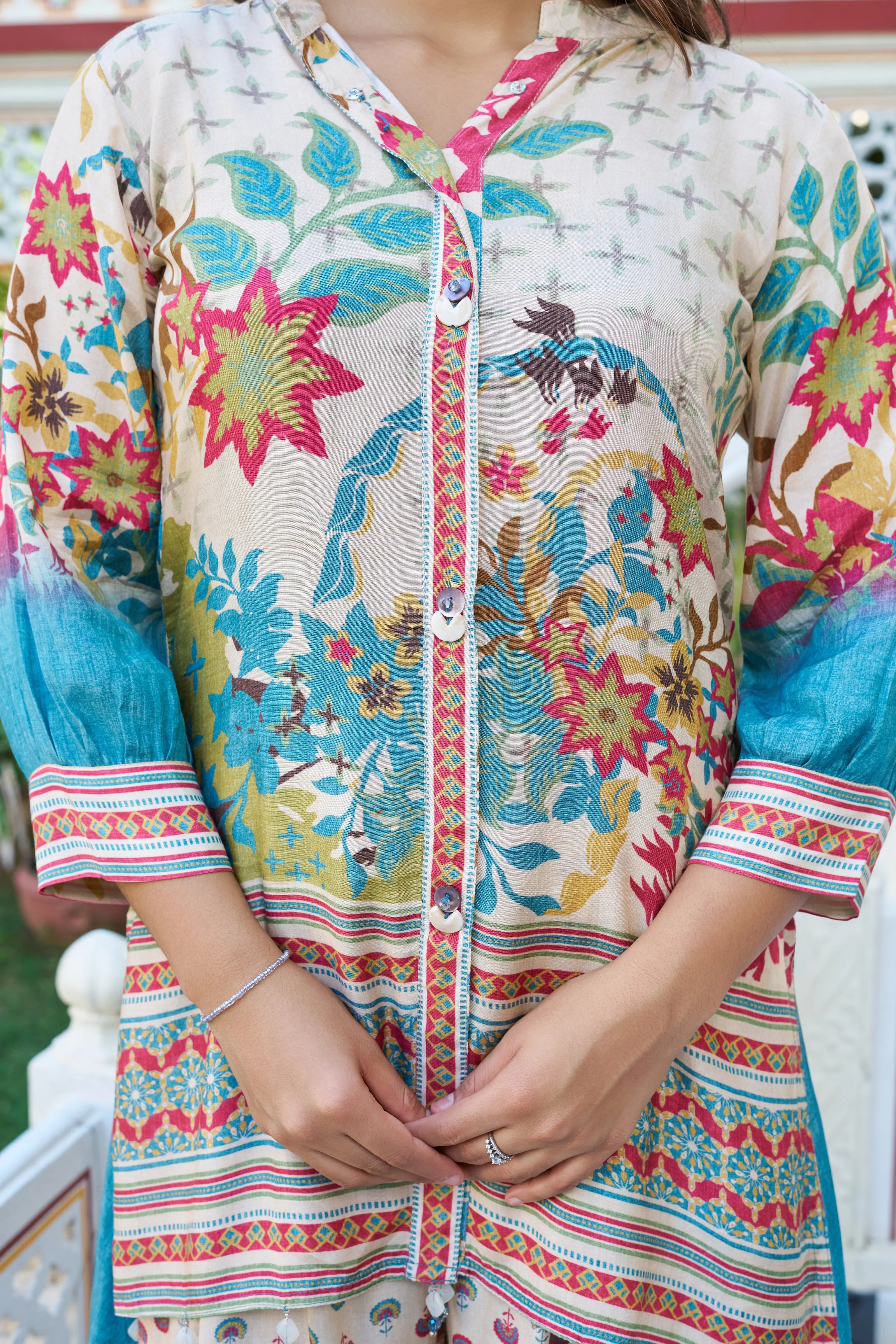 Beige Base Garden Print Viscose Silk Co-ord Set