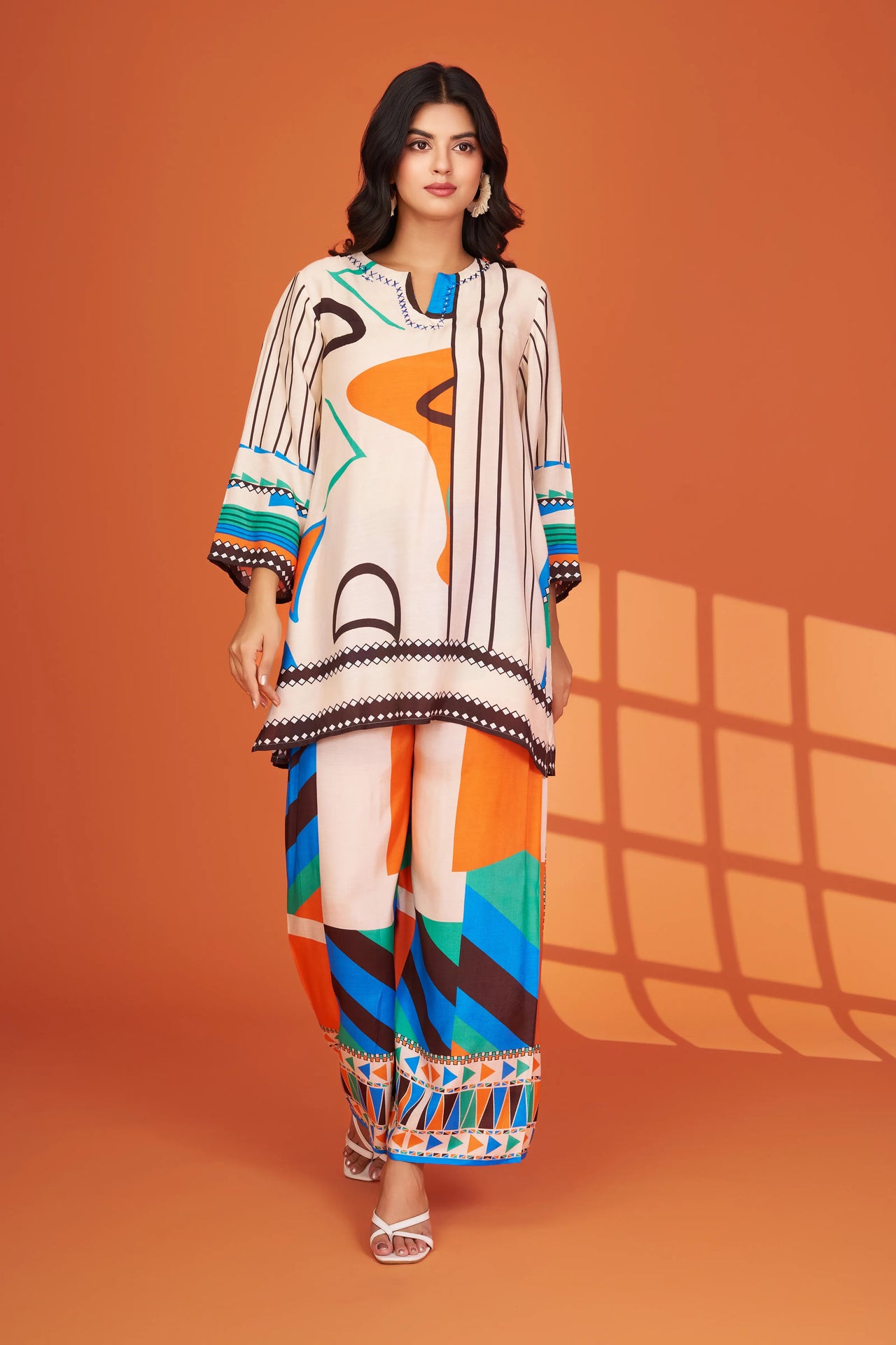 Cream Base Geometric Muslin Co-ord Set