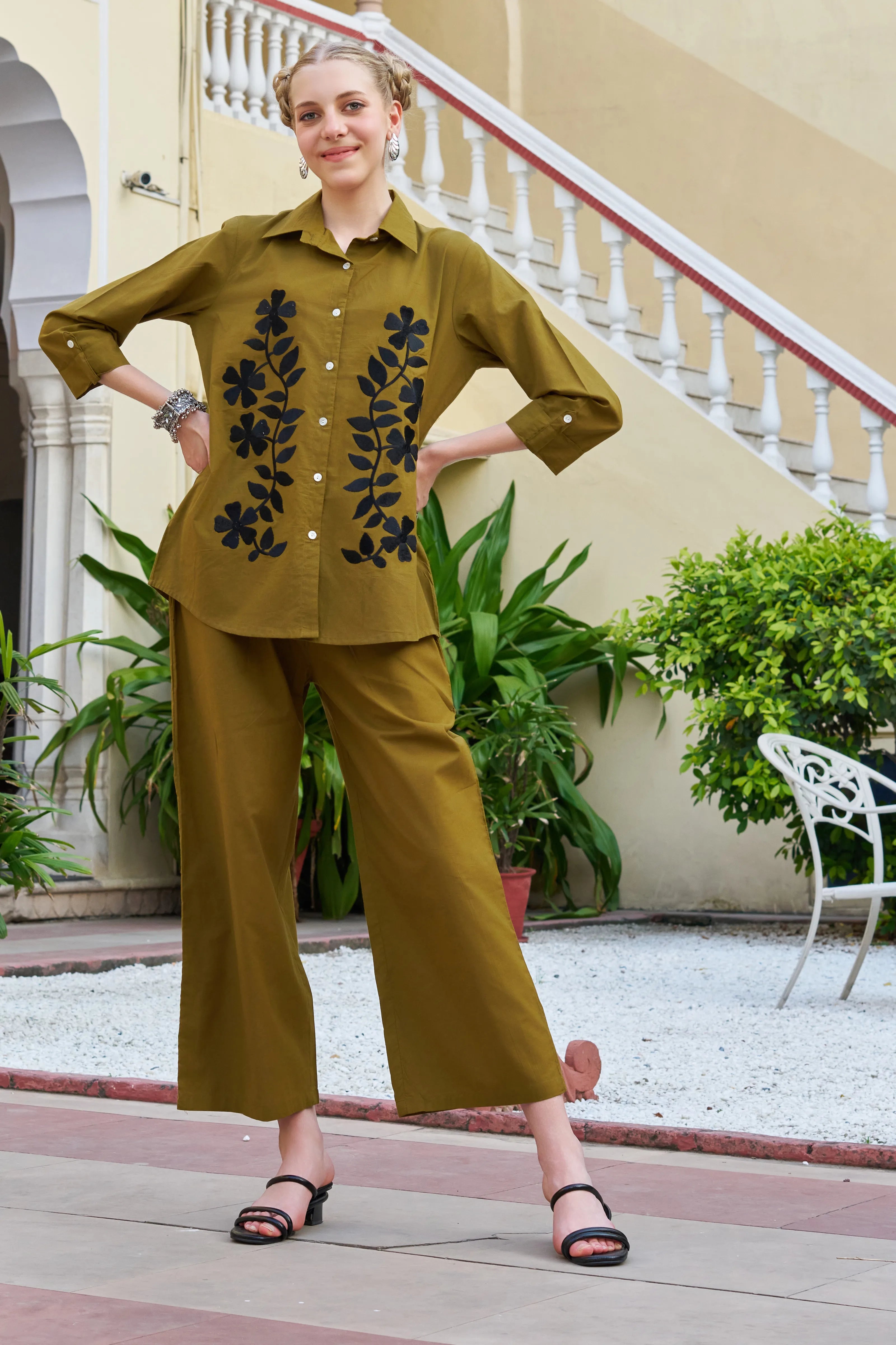 Dark Olive Floral Embroidered Cotton Co-ord Set