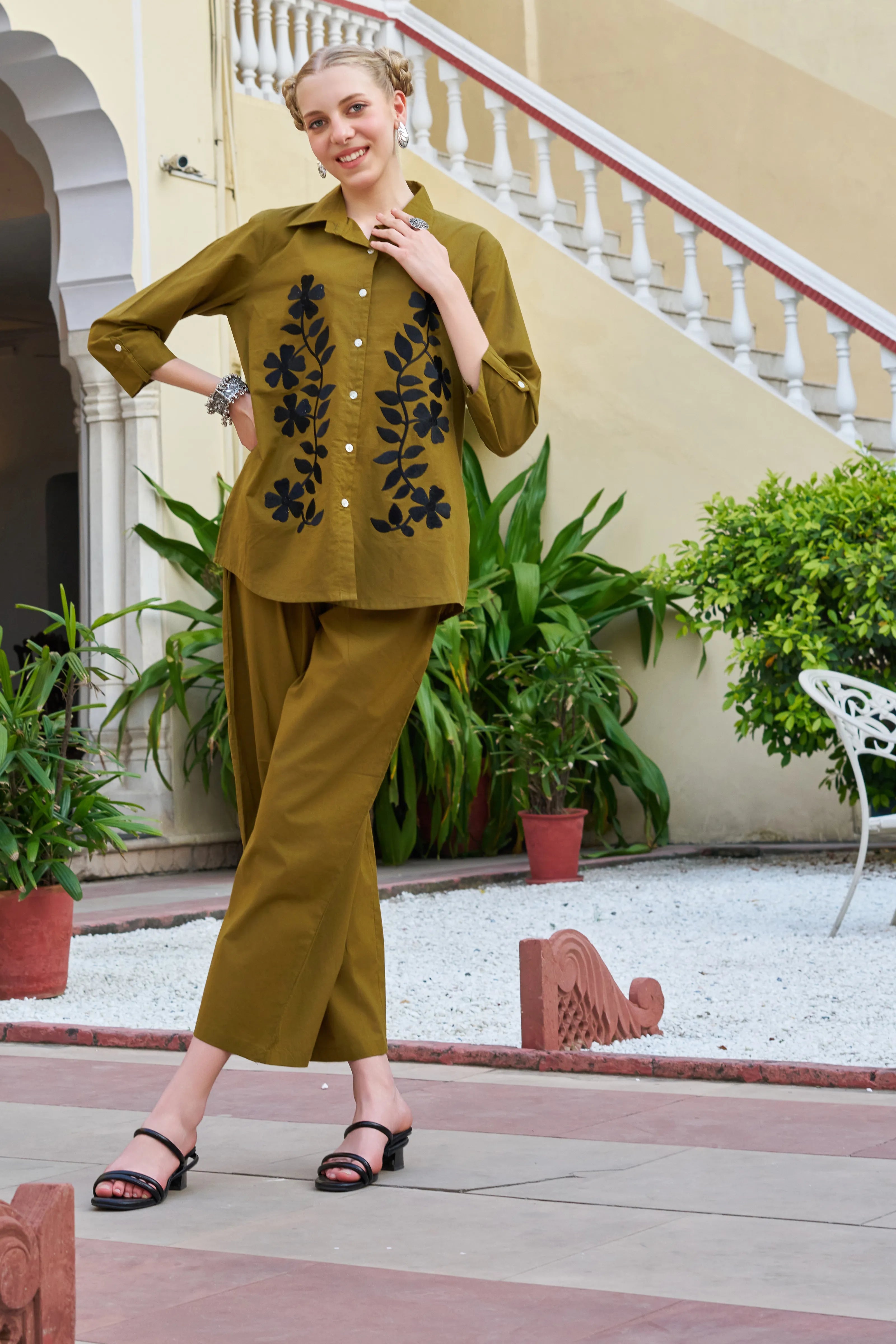 Dark Olive Floral Embroidered Cotton Co-ord Set