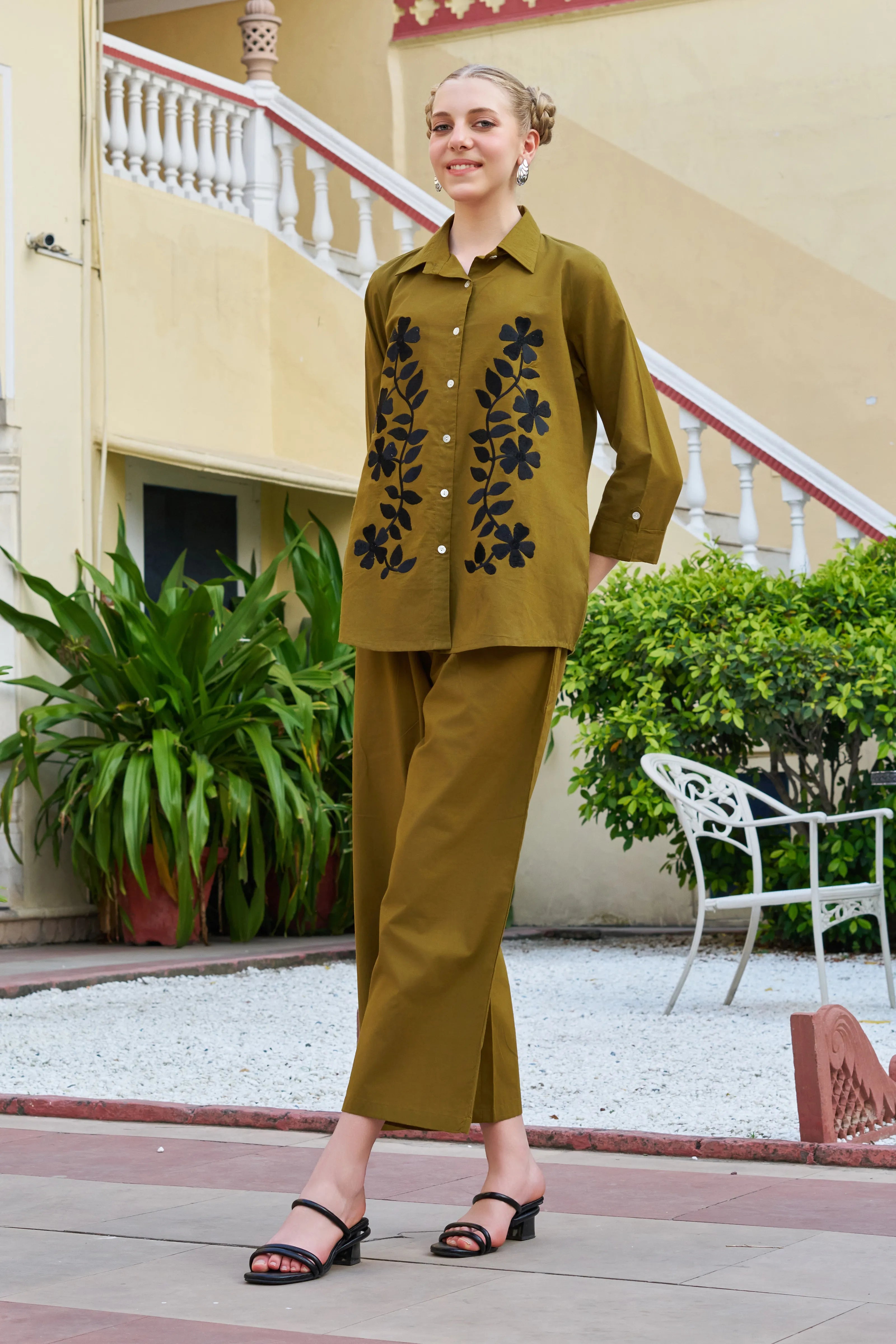 Dark Olive Floral Embroidered Cotton Co-ord Set