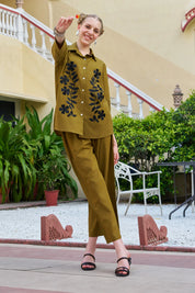 Dark Olive Floral Embroidered Cotton Co-ord Set