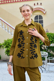 Dark Olive Floral Embroidered Cotton Co-ord Set