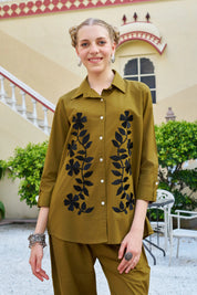 Dark Olive Floral Embroidered Cotton Co-ord Set