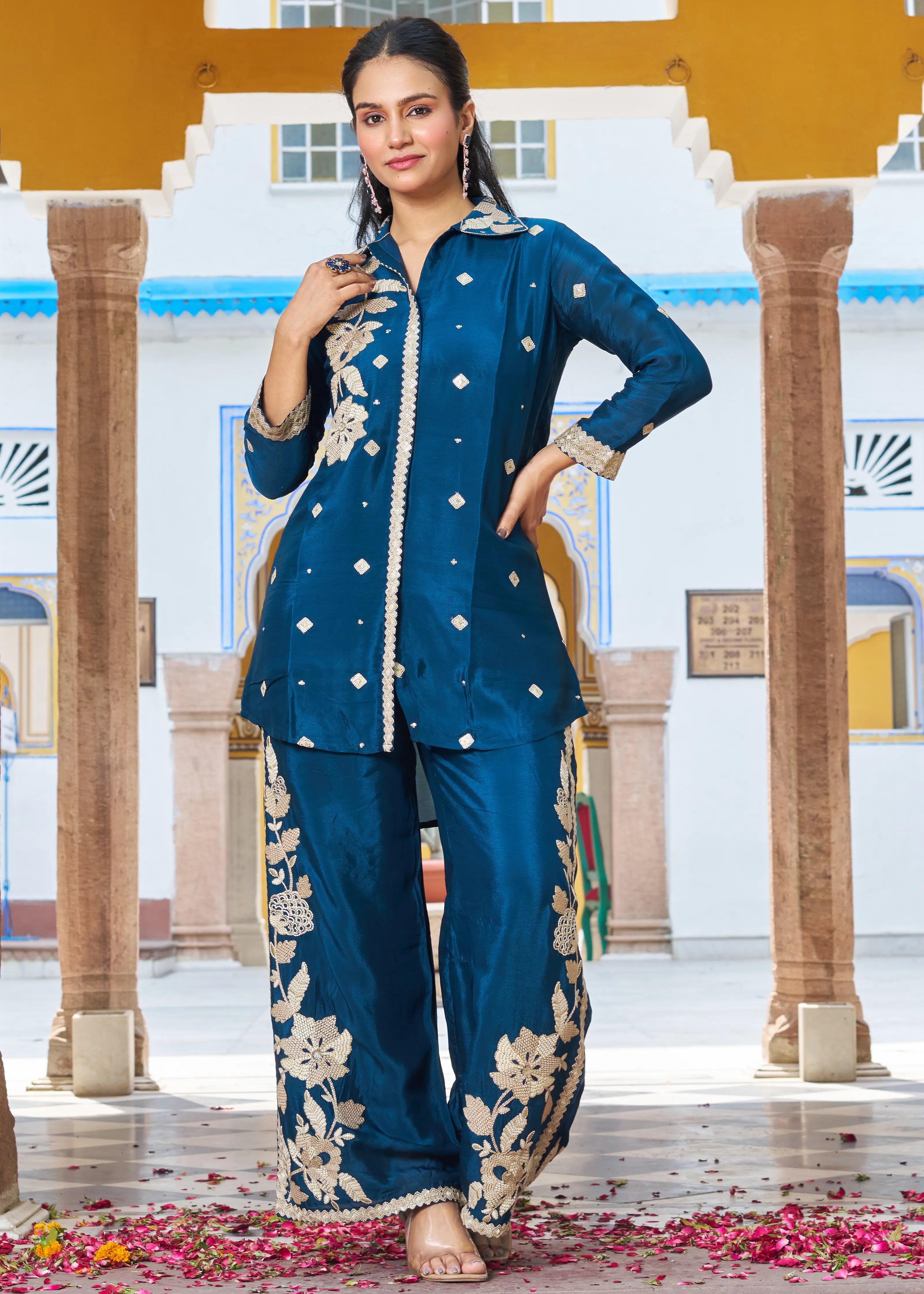 Peacock Blue Floral Embroidered Chinon Co-ord Set