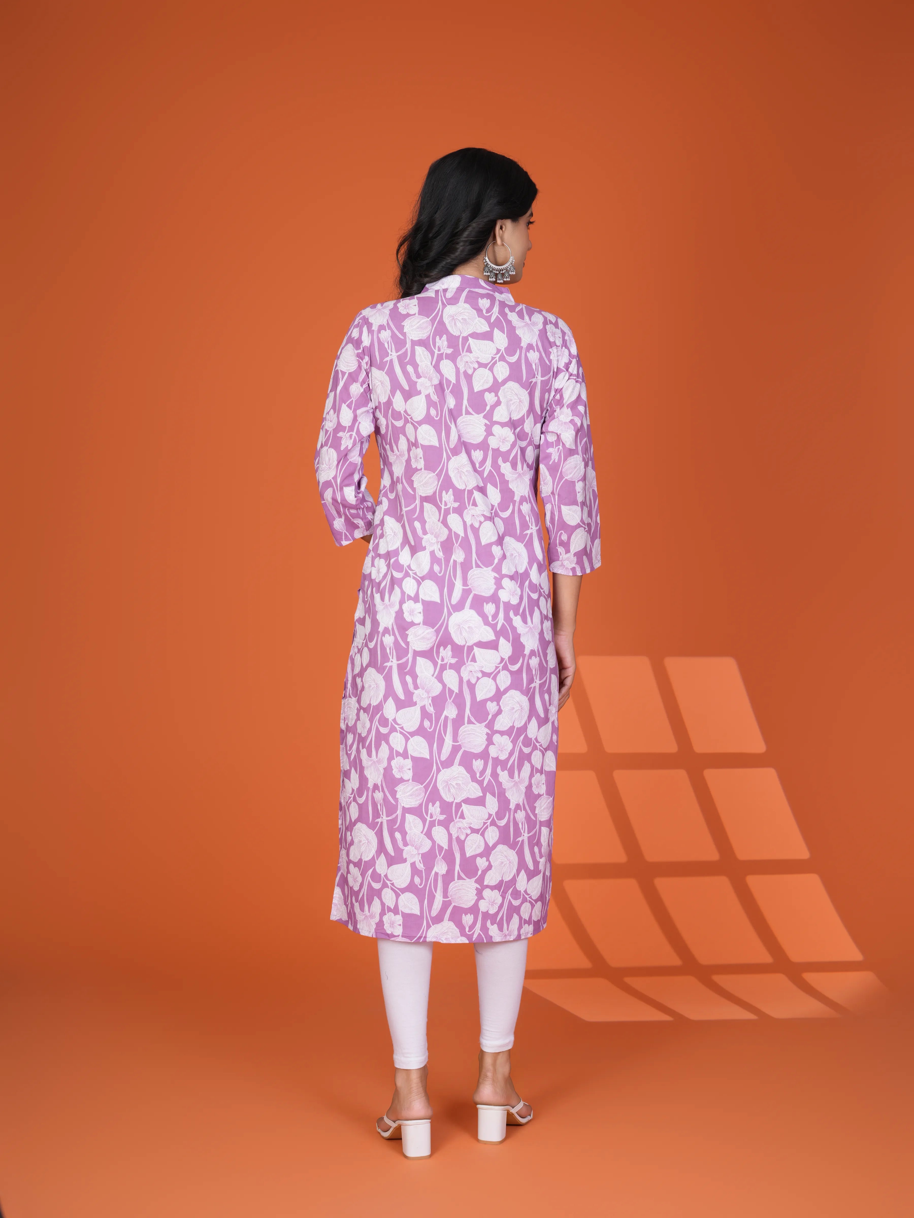 Sequin-Embellished Floral Printed Long Kurti in Cotton Cambric