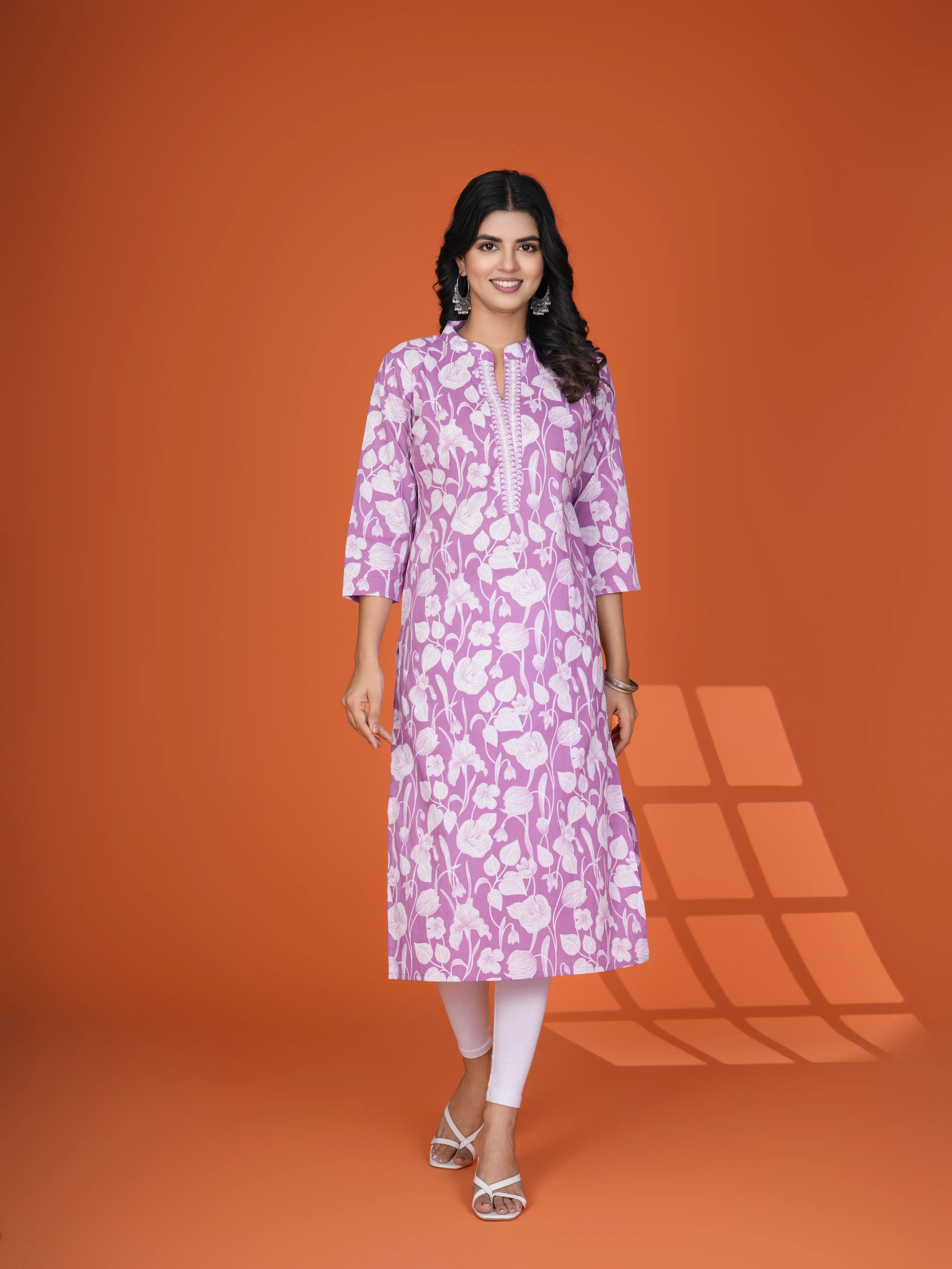 Sequin-Embellished Floral Printed Long Kurti in Cotton Cambric