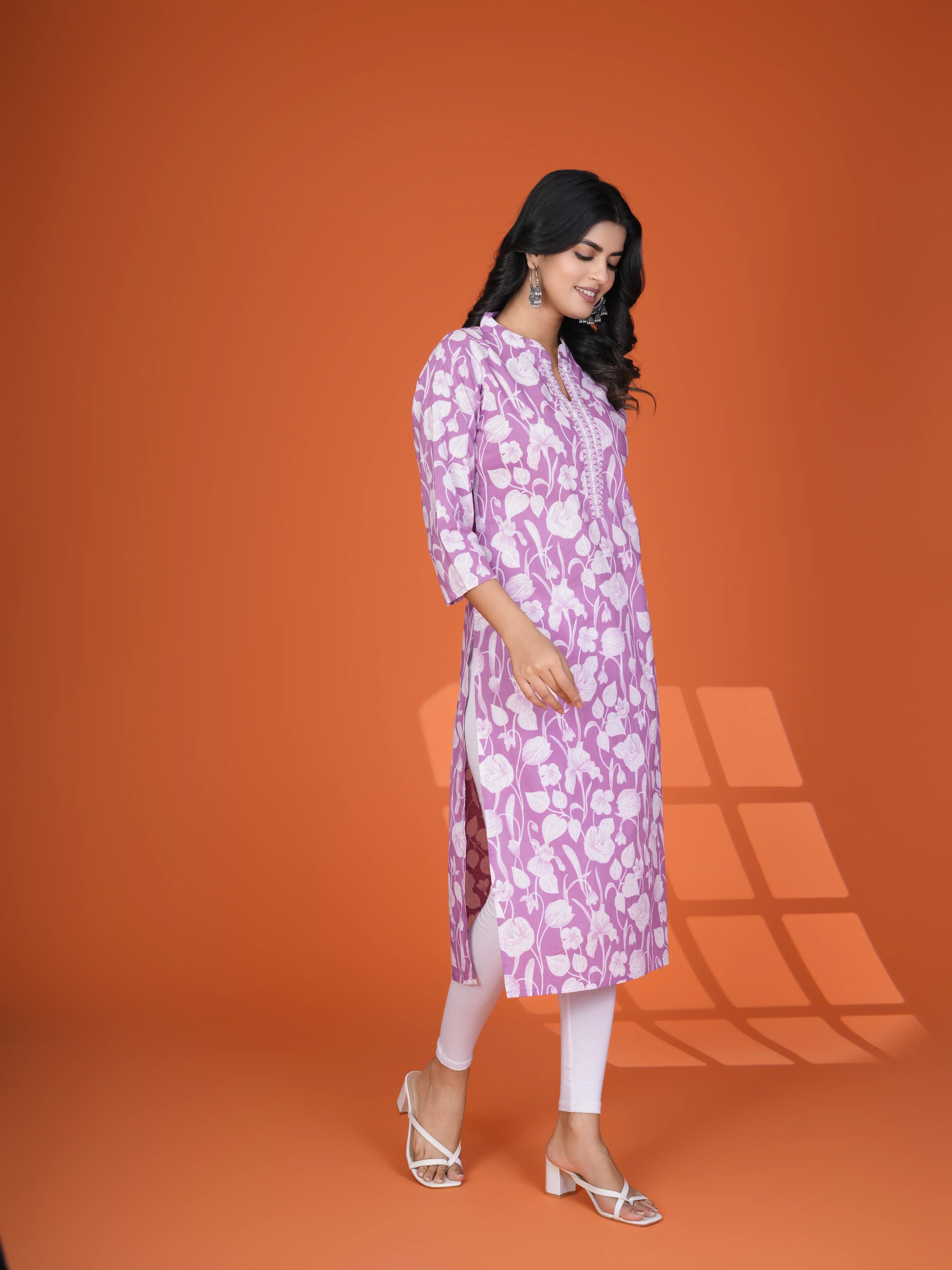 Sequin-Embellished Floral Printed Long Kurti in Cotton Cambric