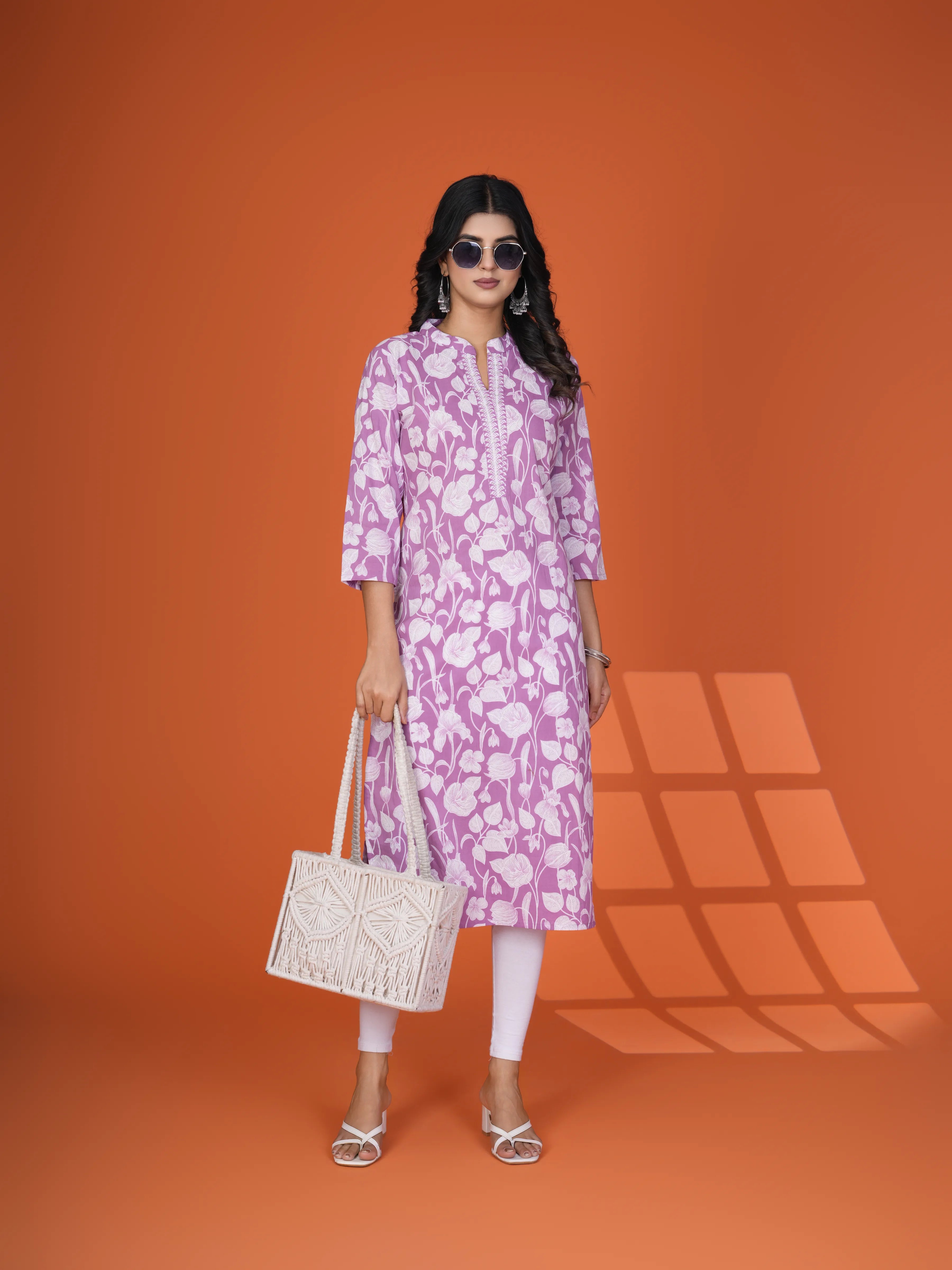 Sequin-Embellished Floral Printed Long Kurti in Cotton Cambric