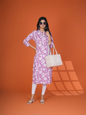Sequin-Embellished Floral Printed Long Kurti in Cotton Cambric