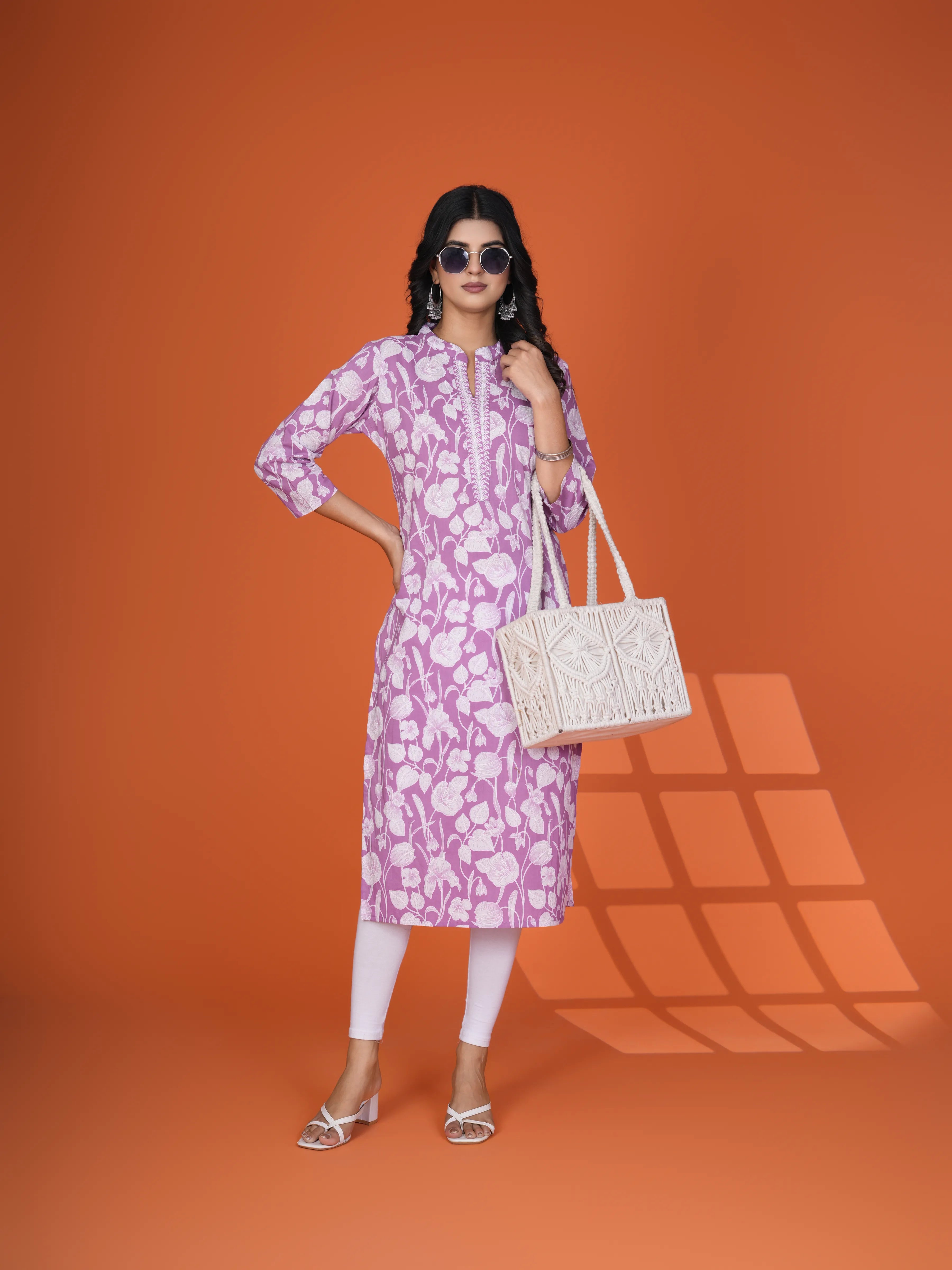 Sequin-Embellished Floral Printed Long Kurti in Cotton Cambric