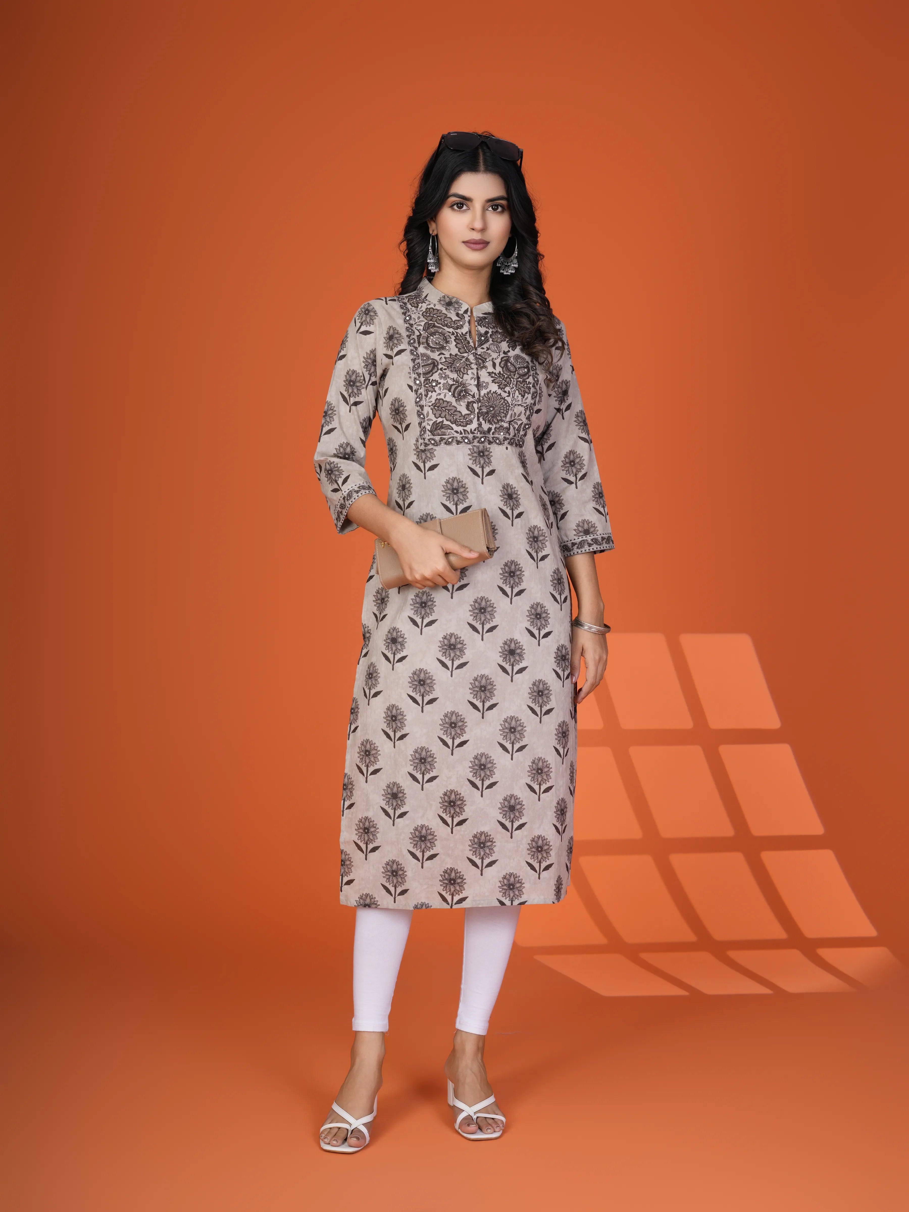Brown Floral Print Sequin Embellished Long Kurti in Cotton Cambric