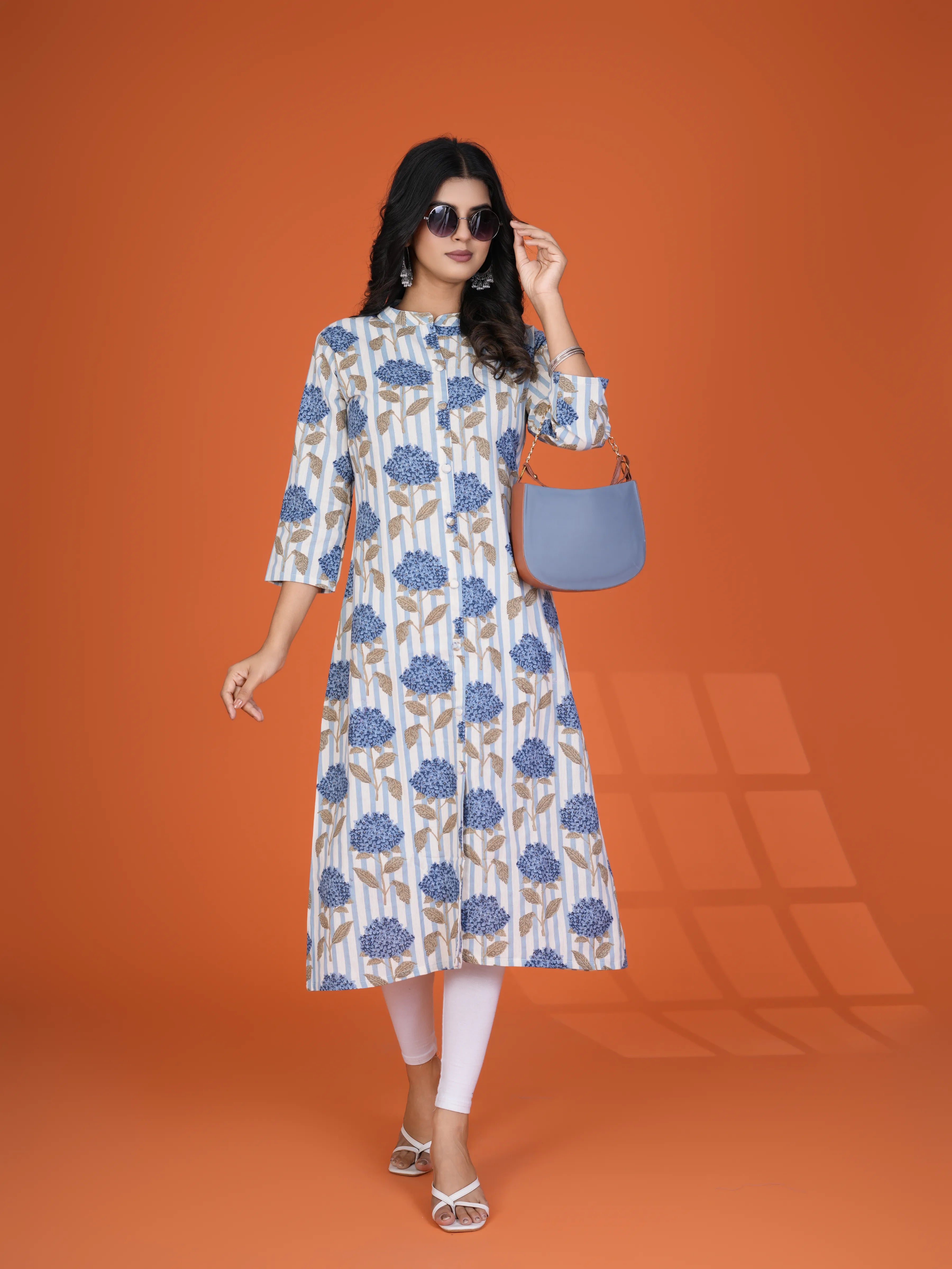 Blue Bold Floral & Stripe Printed Long Kurti in Cotton Flex