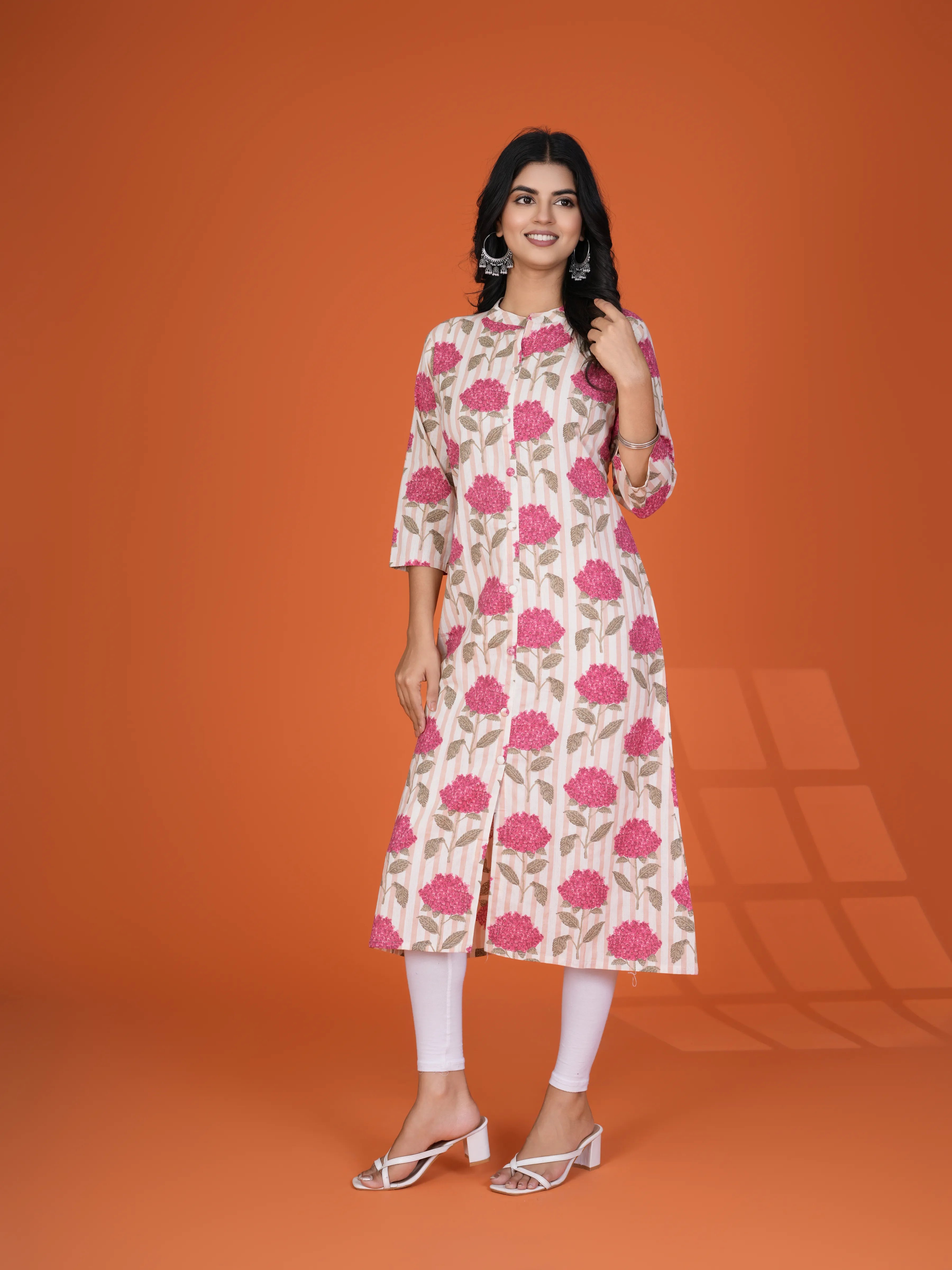 Peach Floral & Stripe Printed Long Kurti in Cotton Flex