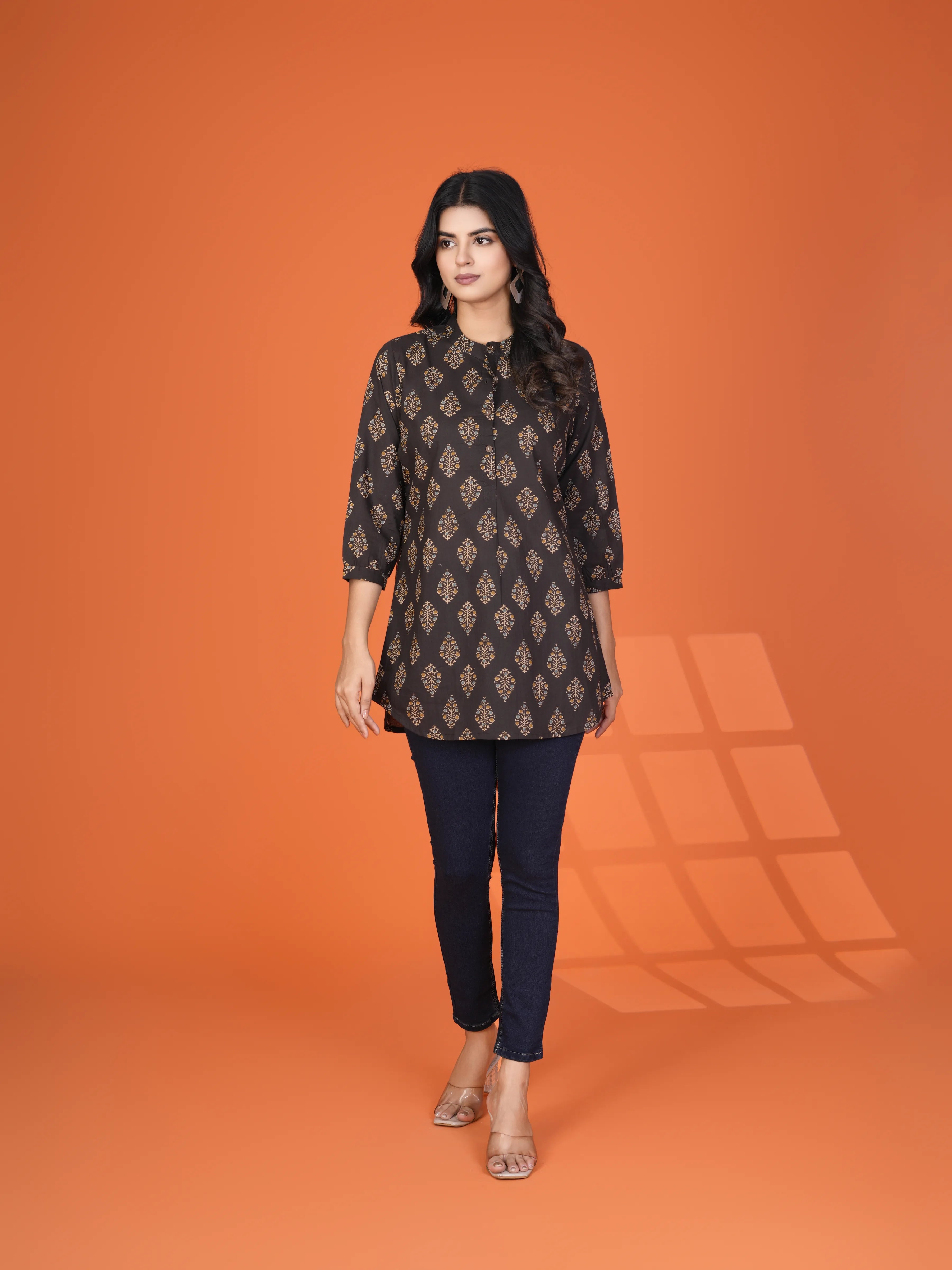 Dark Brown Handblock Print Short Kurti in Cotton Cambric