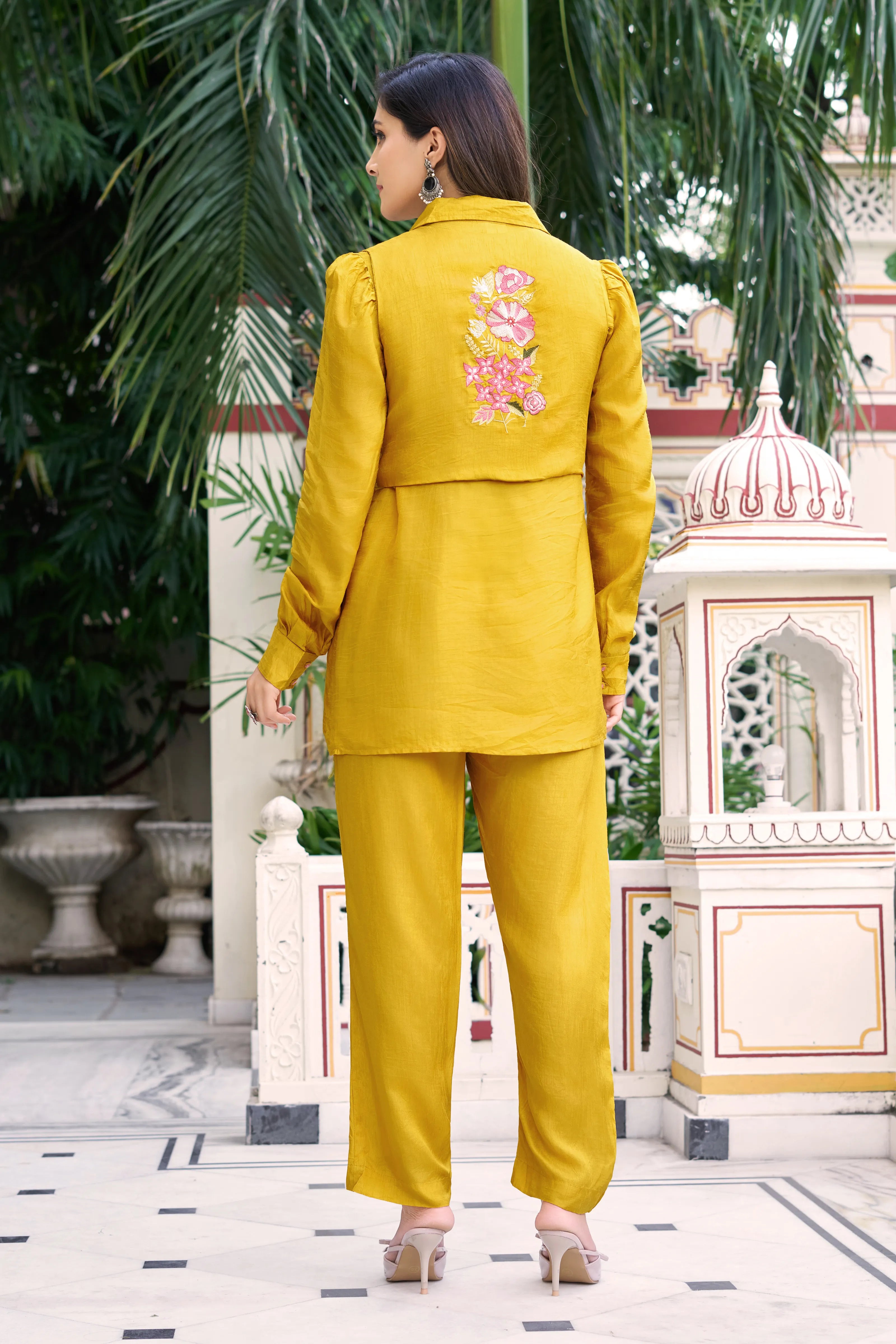 Mustard Embroidered 3-Piece Set in Dola Silk