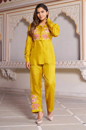 Mustard Embroidered 3-Piece Set in Dola Silk