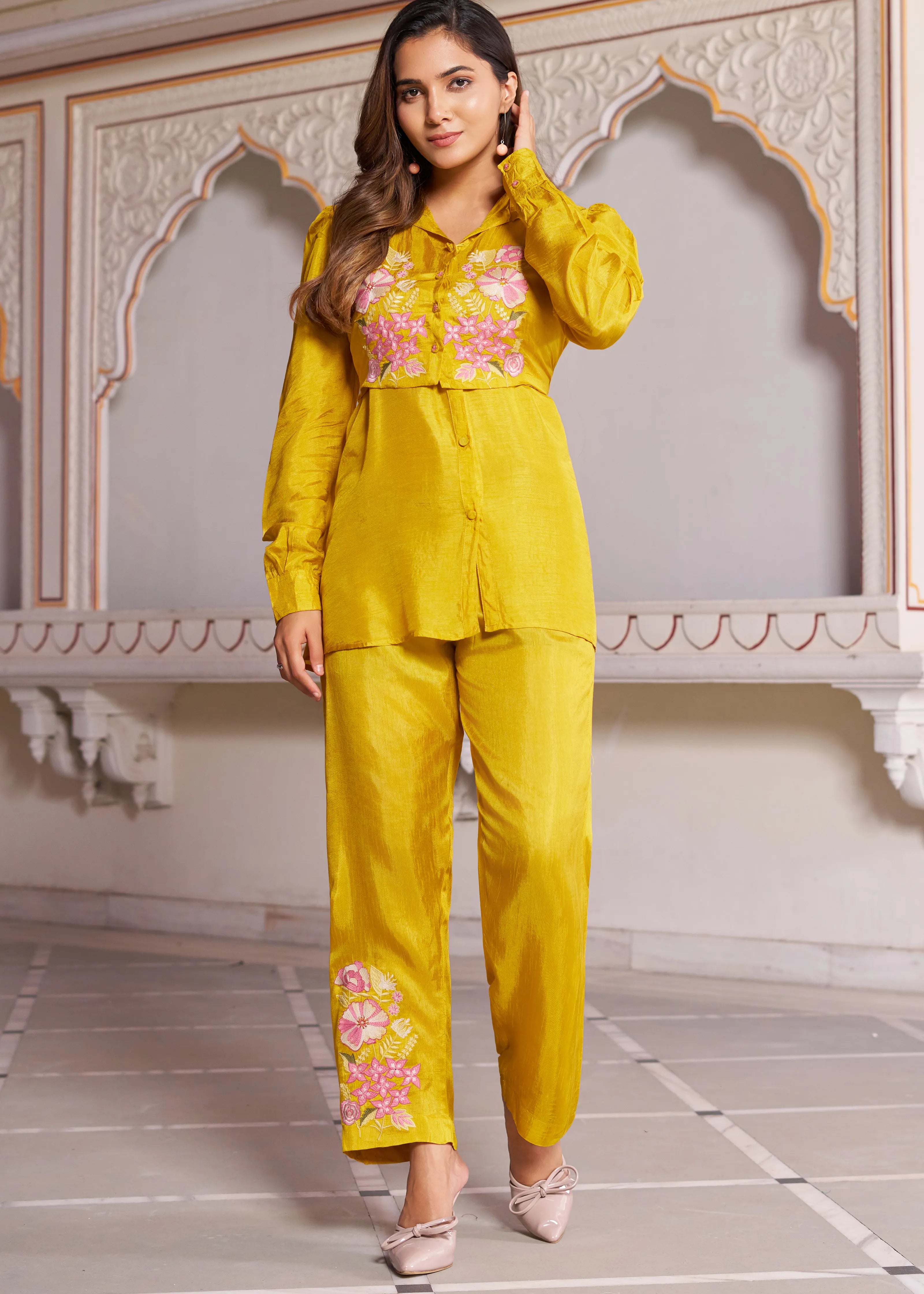 Mustard Embroidered 3-Piece Set in Dola Silk