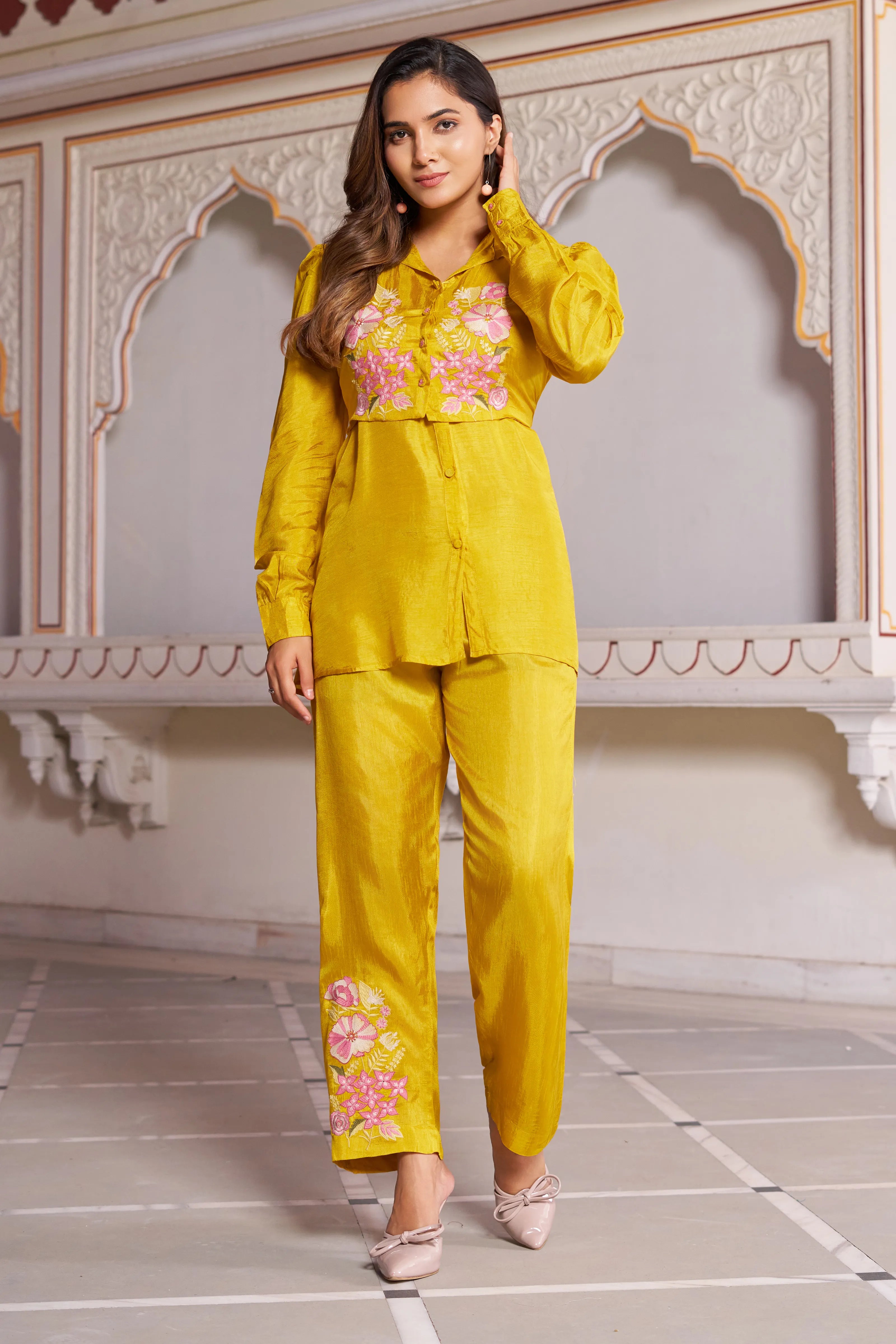 Mustard Embroidered 3-Piece Set in Dola Silk