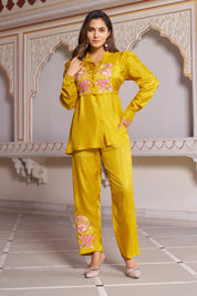 Mustard Embroidered 3-Piece Set in Dola Silk