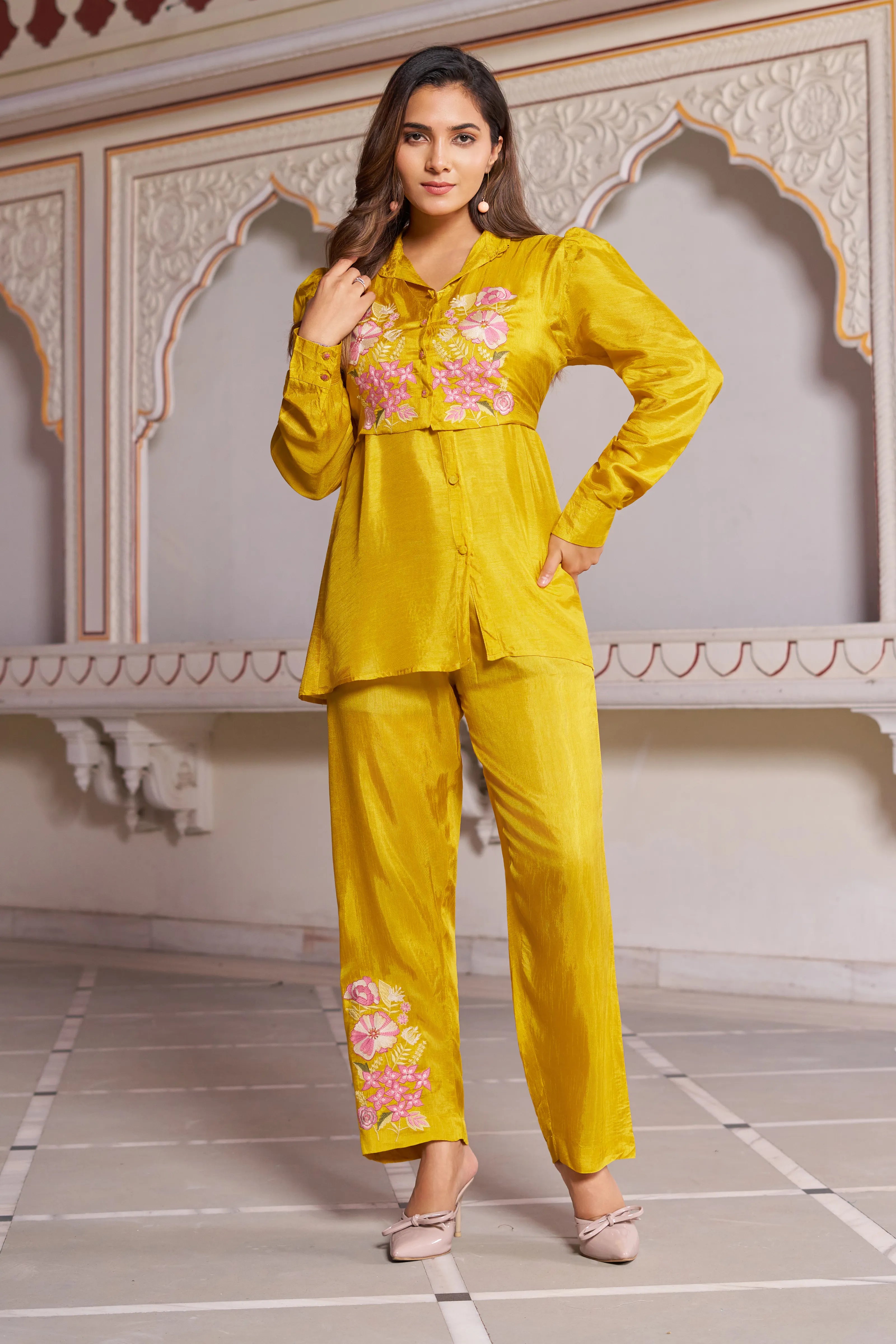 Mustard Embroidered 3-Piece Set in Dola Silk