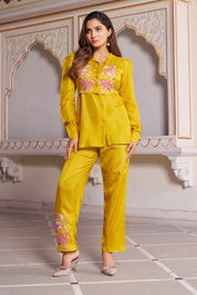 Mustard Embroidered 3-Piece Set in Dola Silk