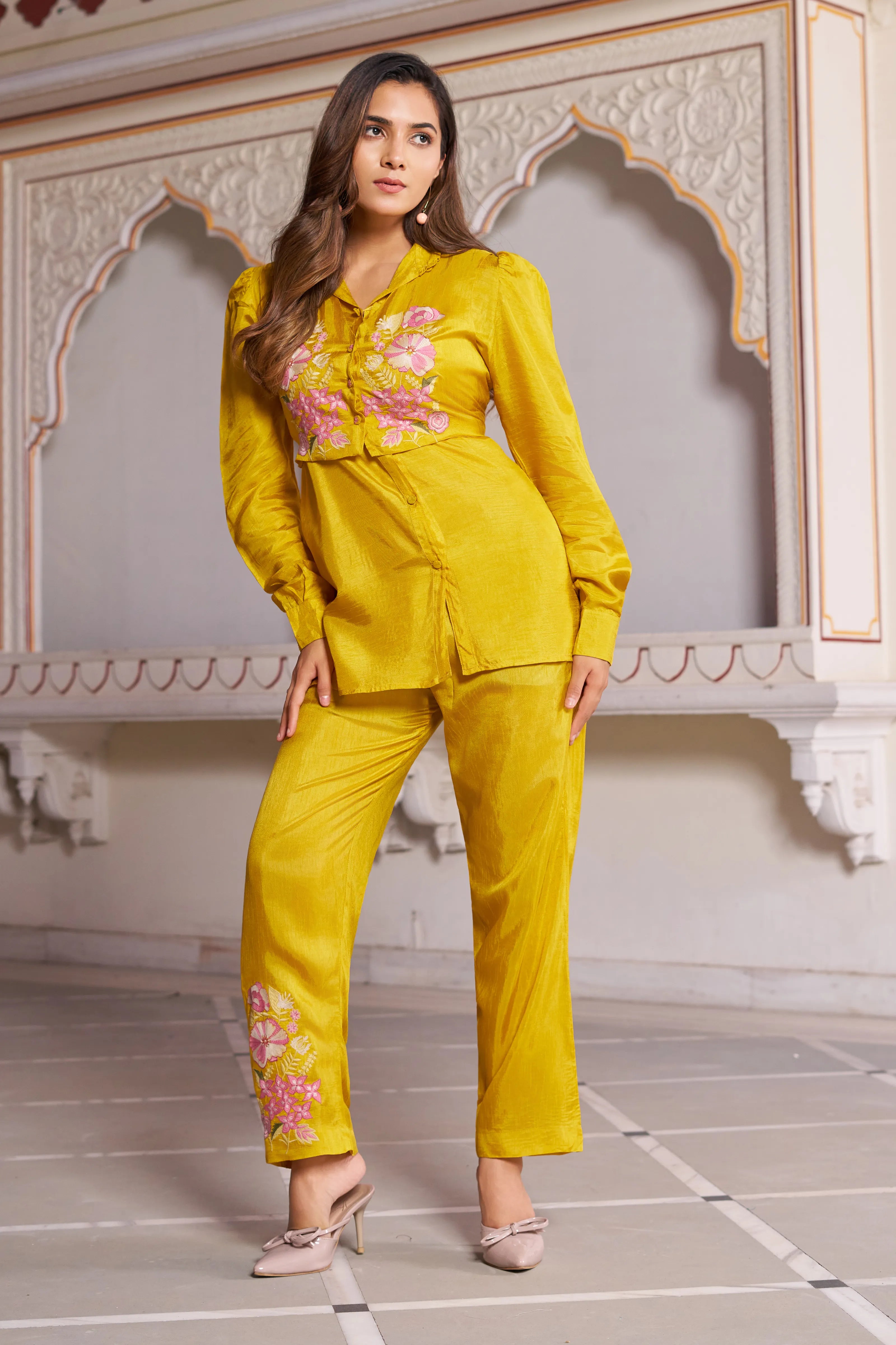 Mustard Embroidered 3-Piece Set in Dola Silk