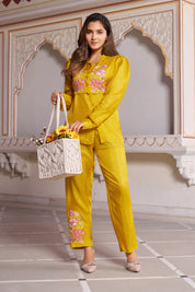Mustard Embroidered 3-Piece Set in Dola Silk