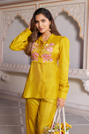 Mustard Embroidered 3-Piece Set in Dola Silk