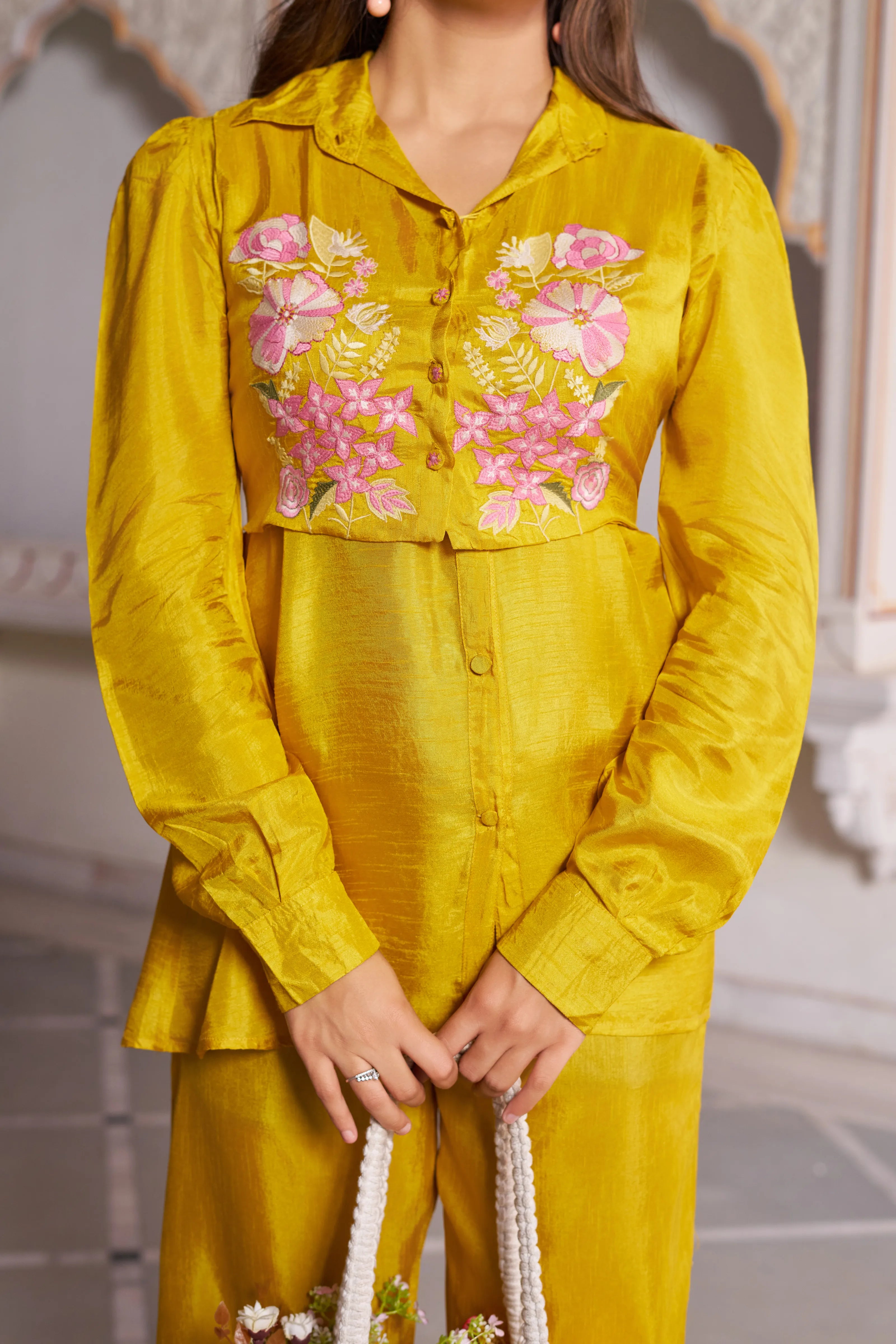 Mustard Embroidered 3-Piece Set in Dola Silk