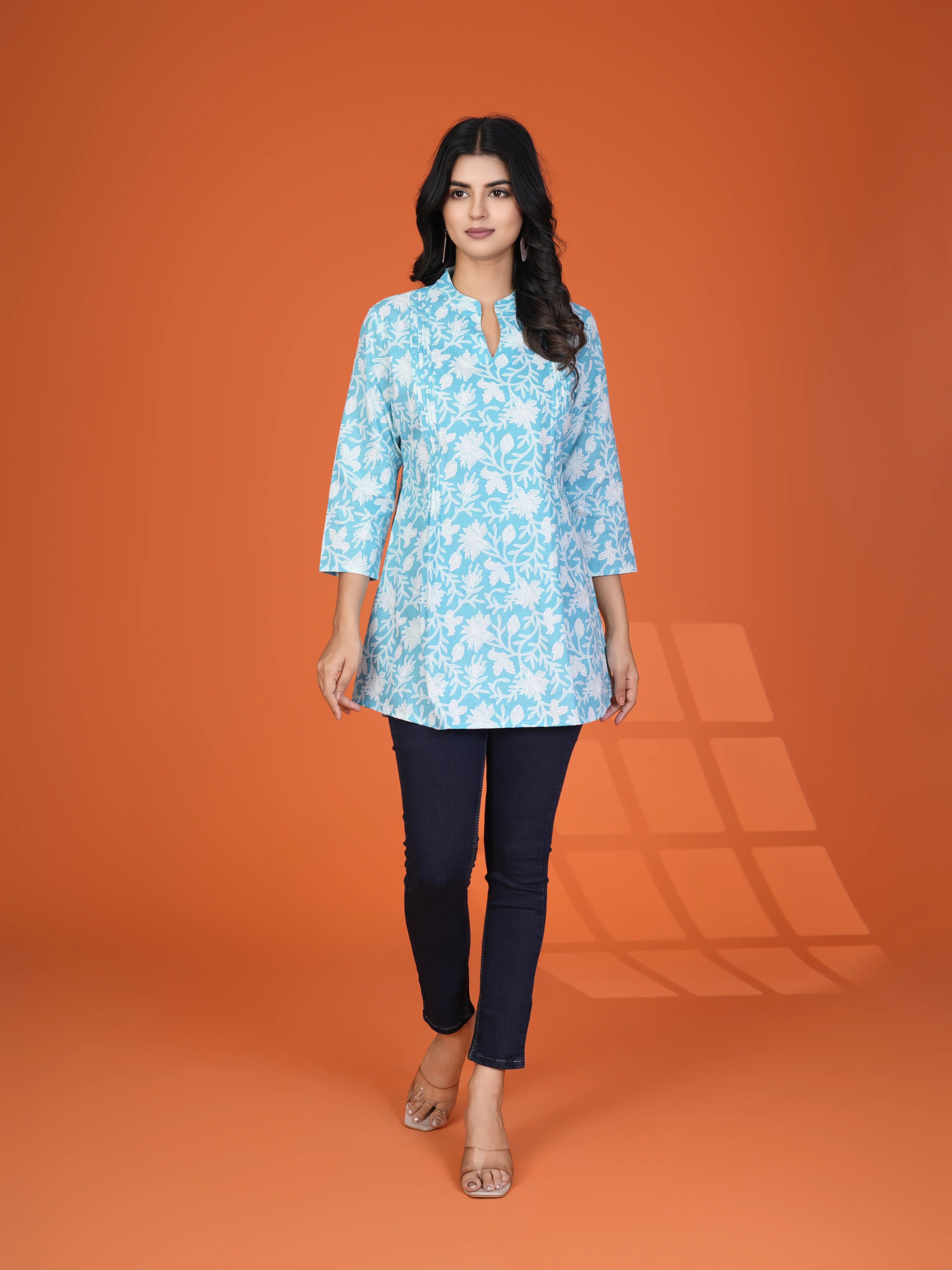 Sky Blue Floral Pintuck Short Kurti in Cotton Cambric